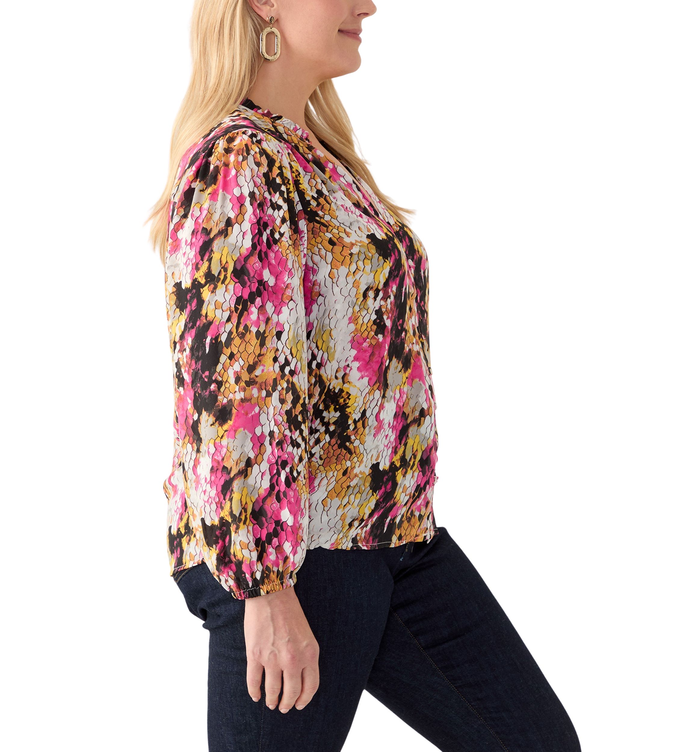 Plus Size Long Sleeve Printed Crepe Woven Blouse