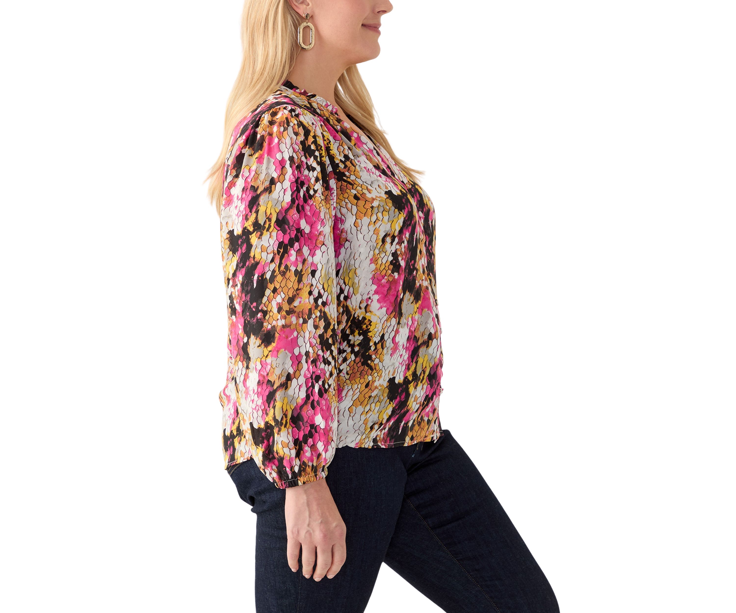 Plus Size Long Sleeve Printed Crepe Woven Blouse
