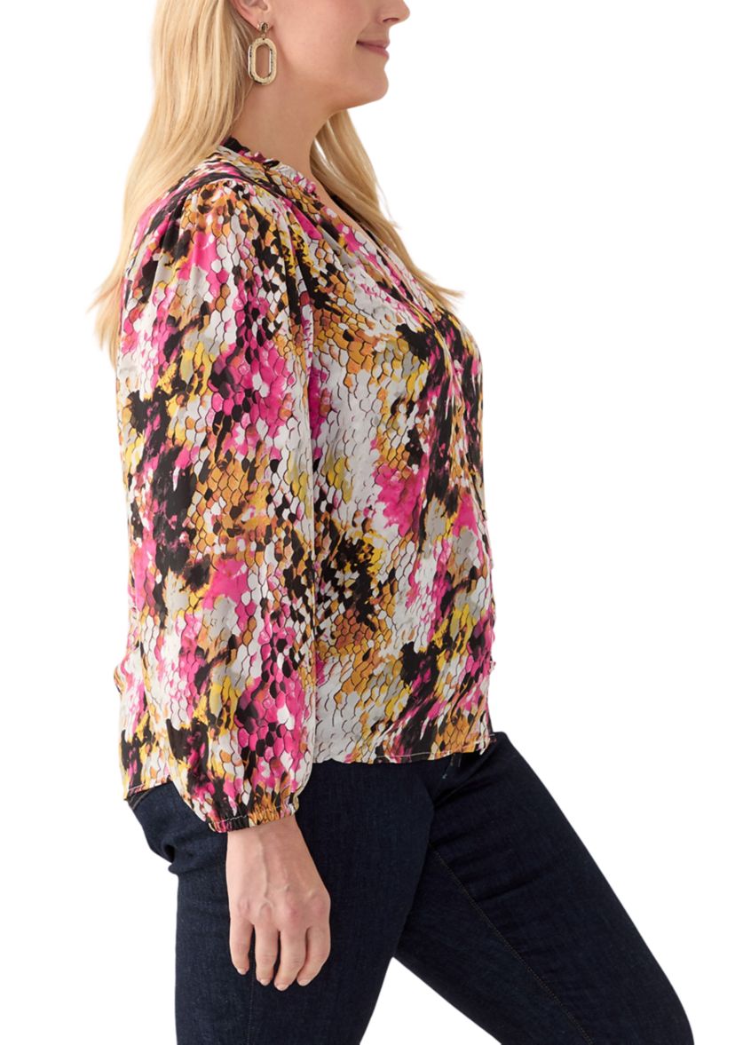 Plus Size Long Sleeve Printed Crepe Woven Blouse