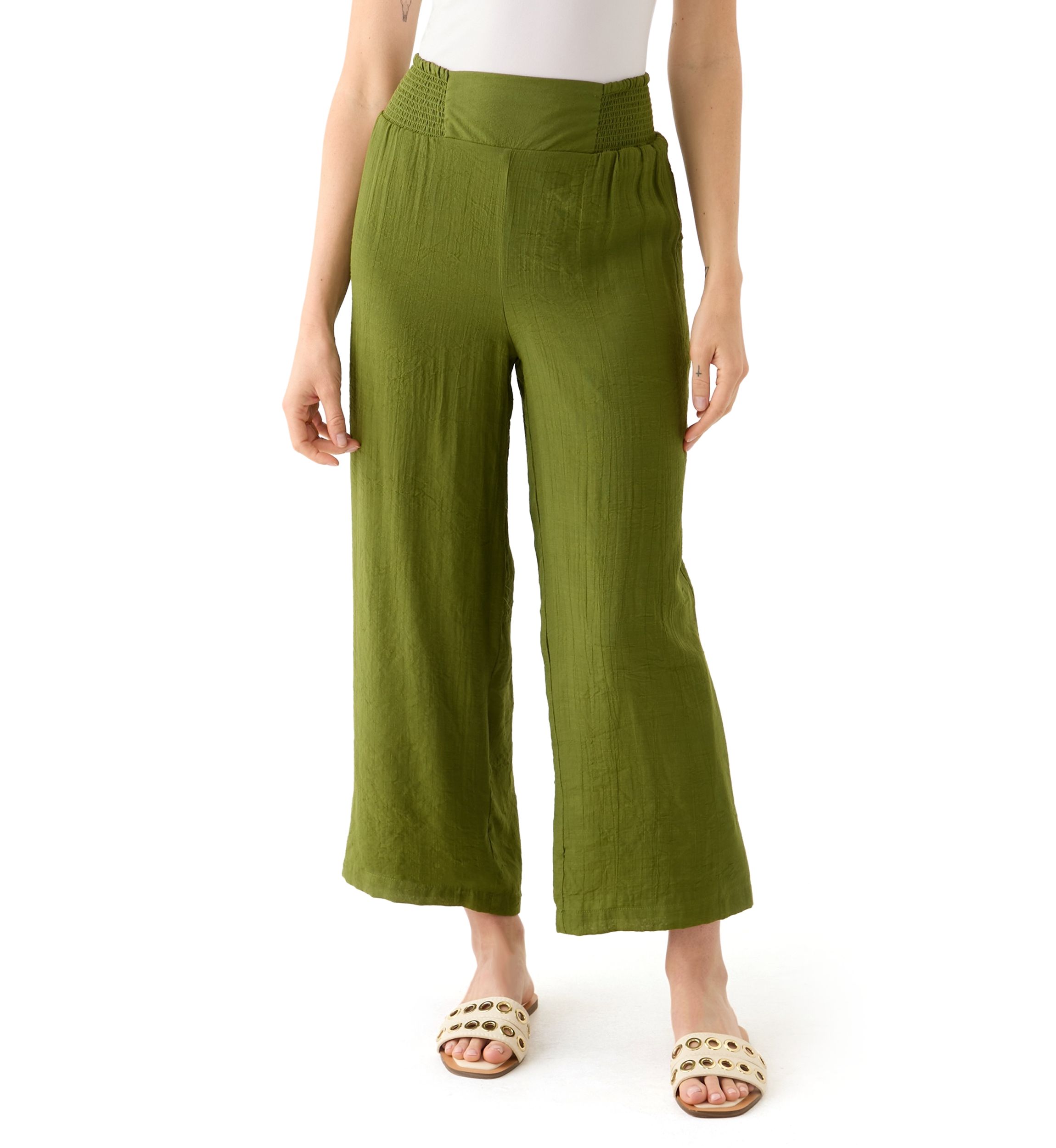 Petite Linen Like Pull On Wide Leg Cropped Pants