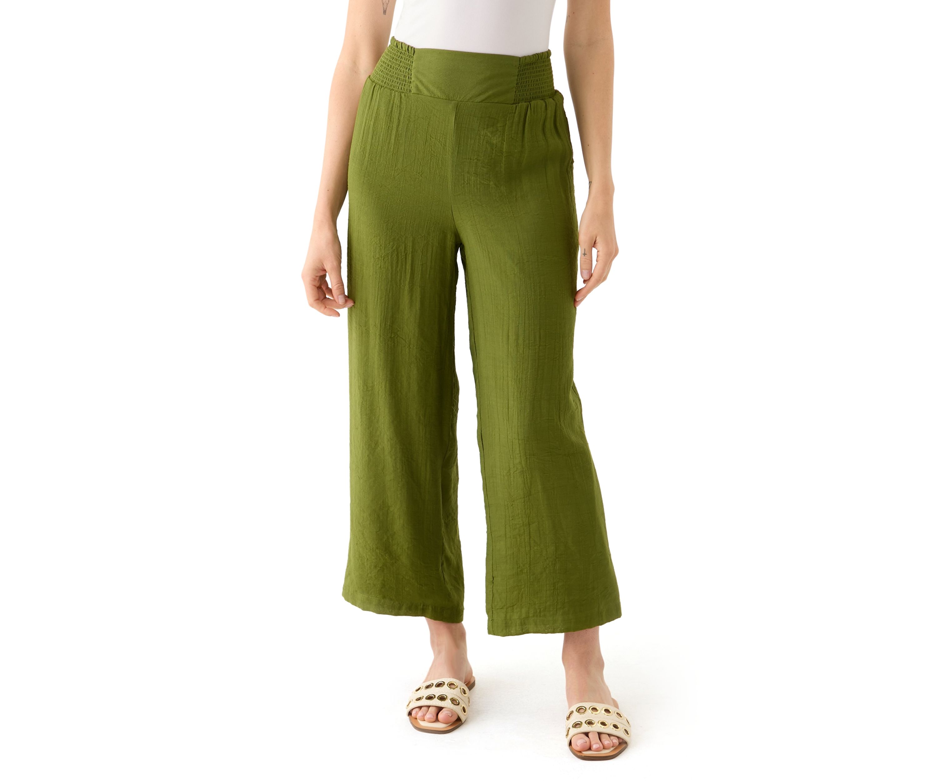 Petite Linen Like Pull On Wide Leg Cropped Pants