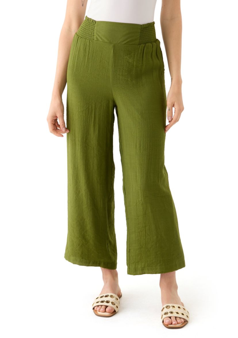 Petite Linen Like Pull On Wide Leg Cropped Pants
