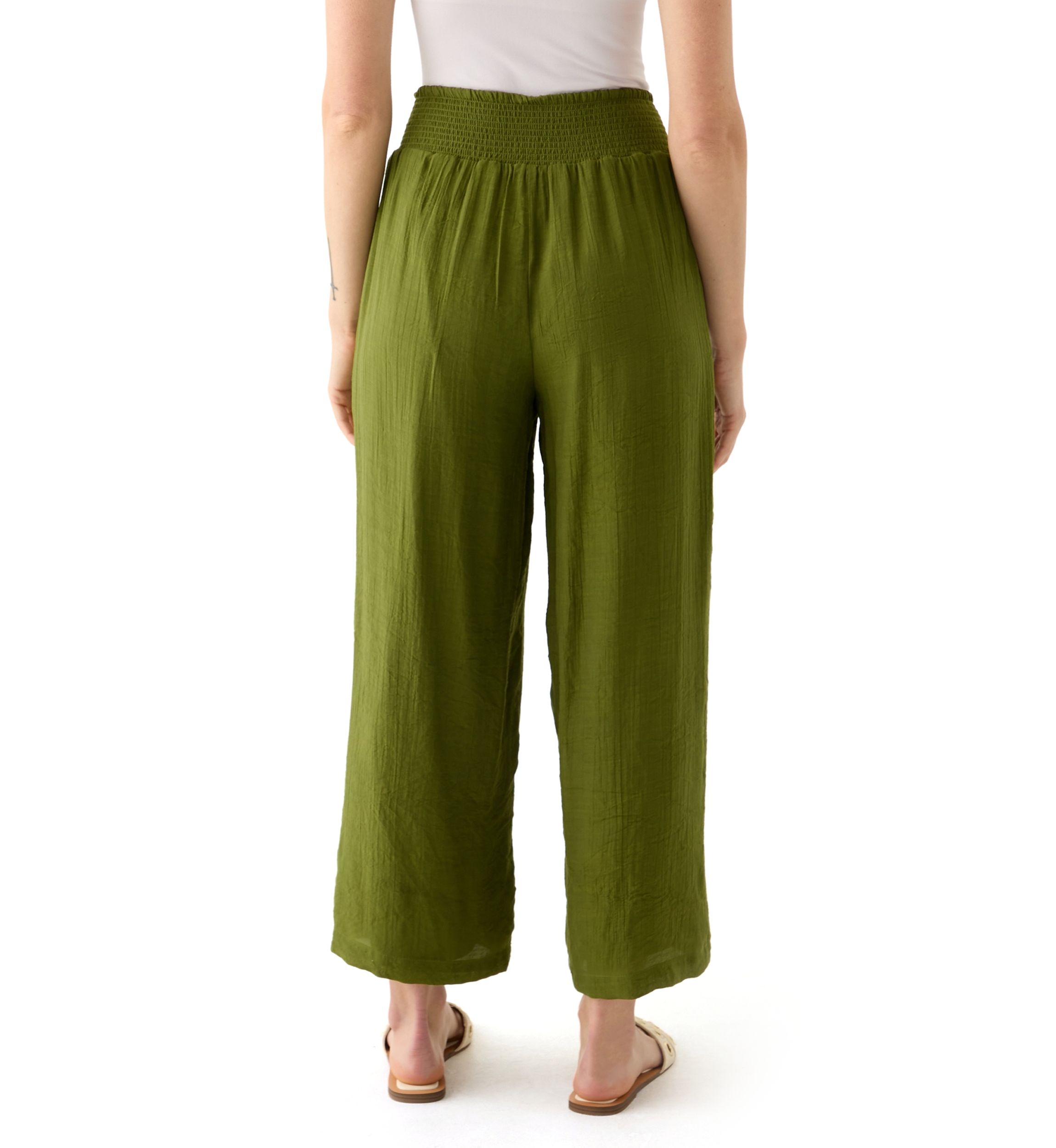 Petite Linen Like Pull On Wide Leg Cropped Pants
