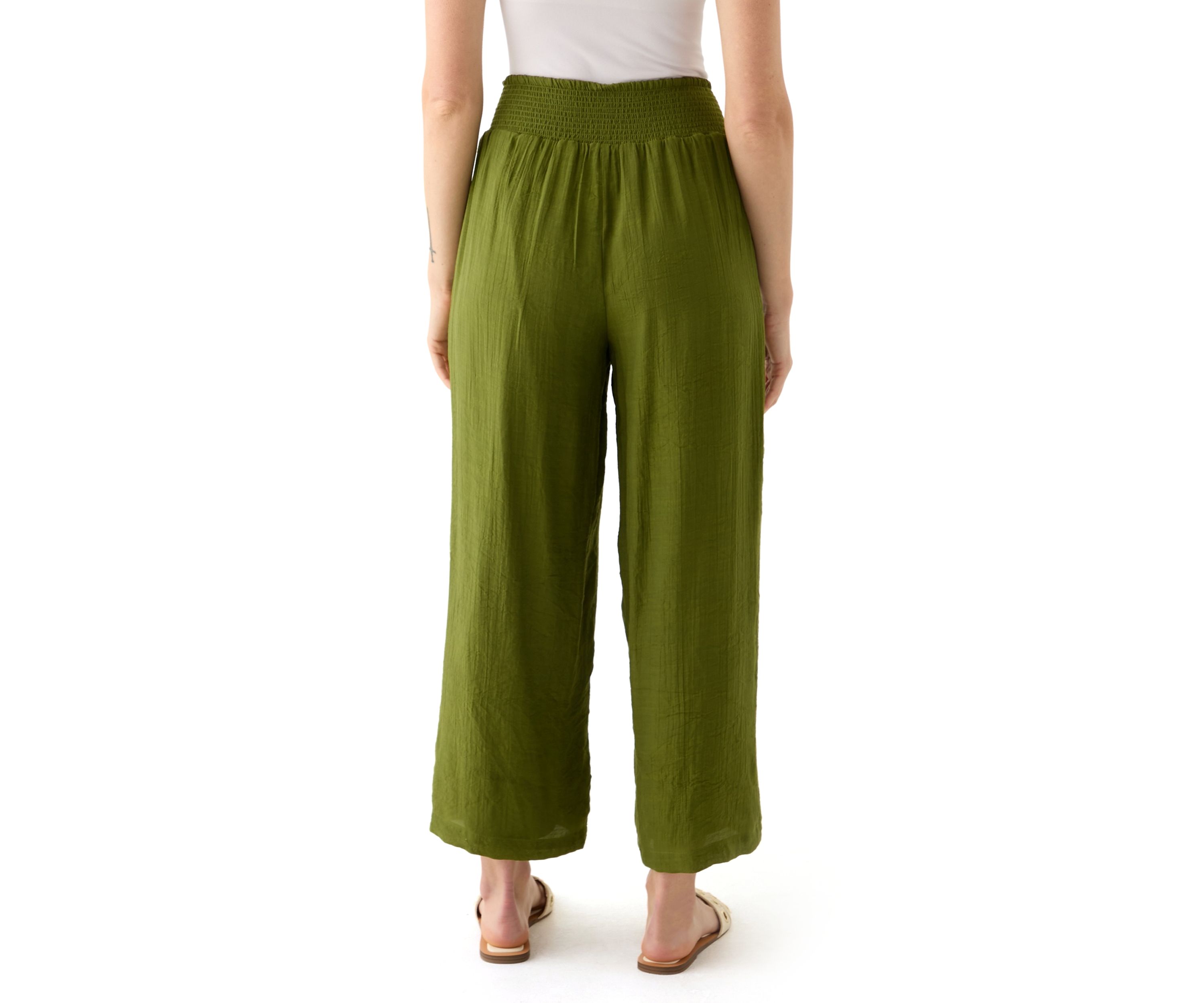Petite Linen Like Pull On Wide Leg Cropped Pants