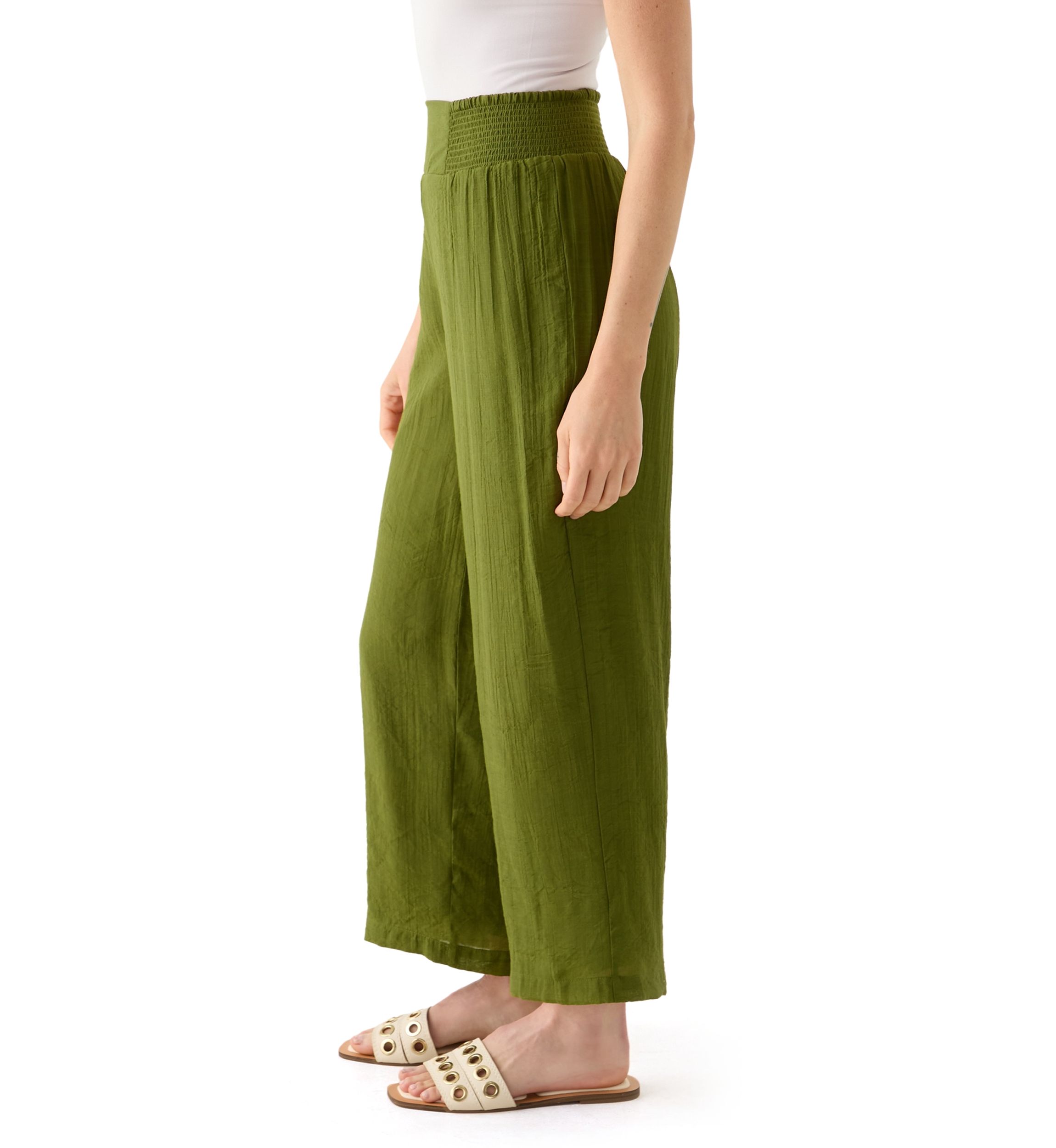 Petite Linen Like Pull On Wide Leg Cropped Pants