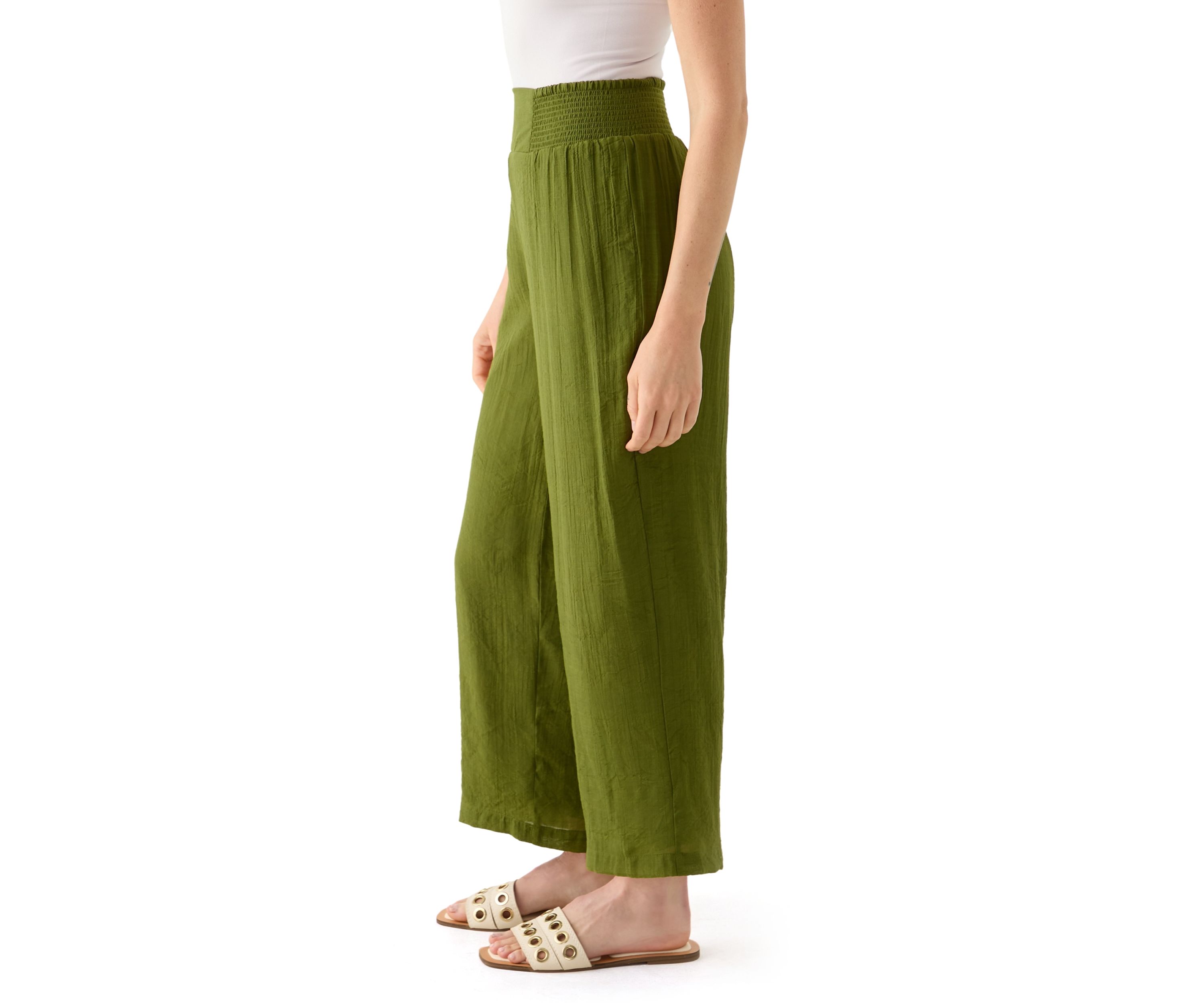 Petite Linen Like Pull On Wide Leg Cropped Pants