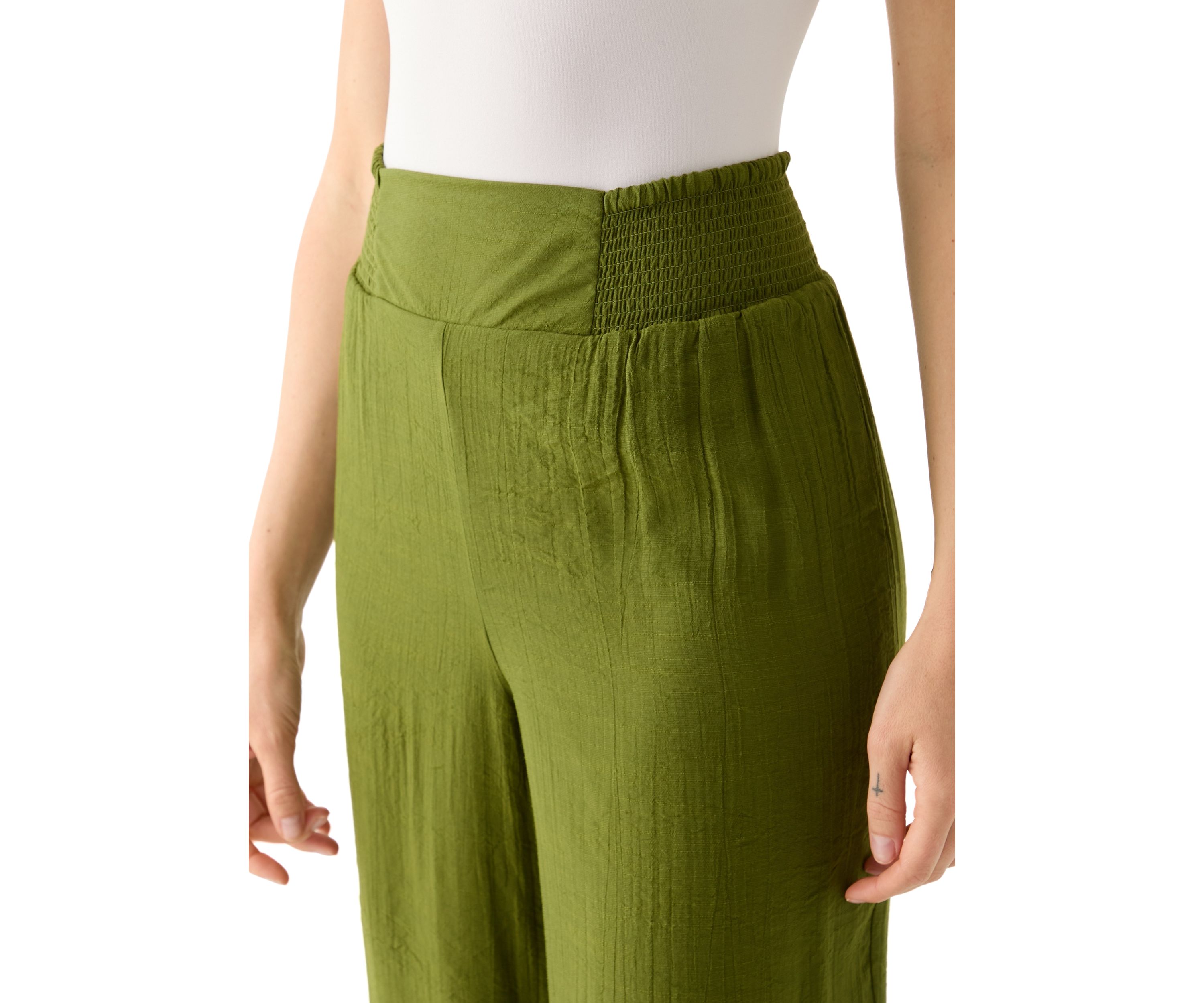 Petite Linen Like Pull On Wide Leg Cropped Pants