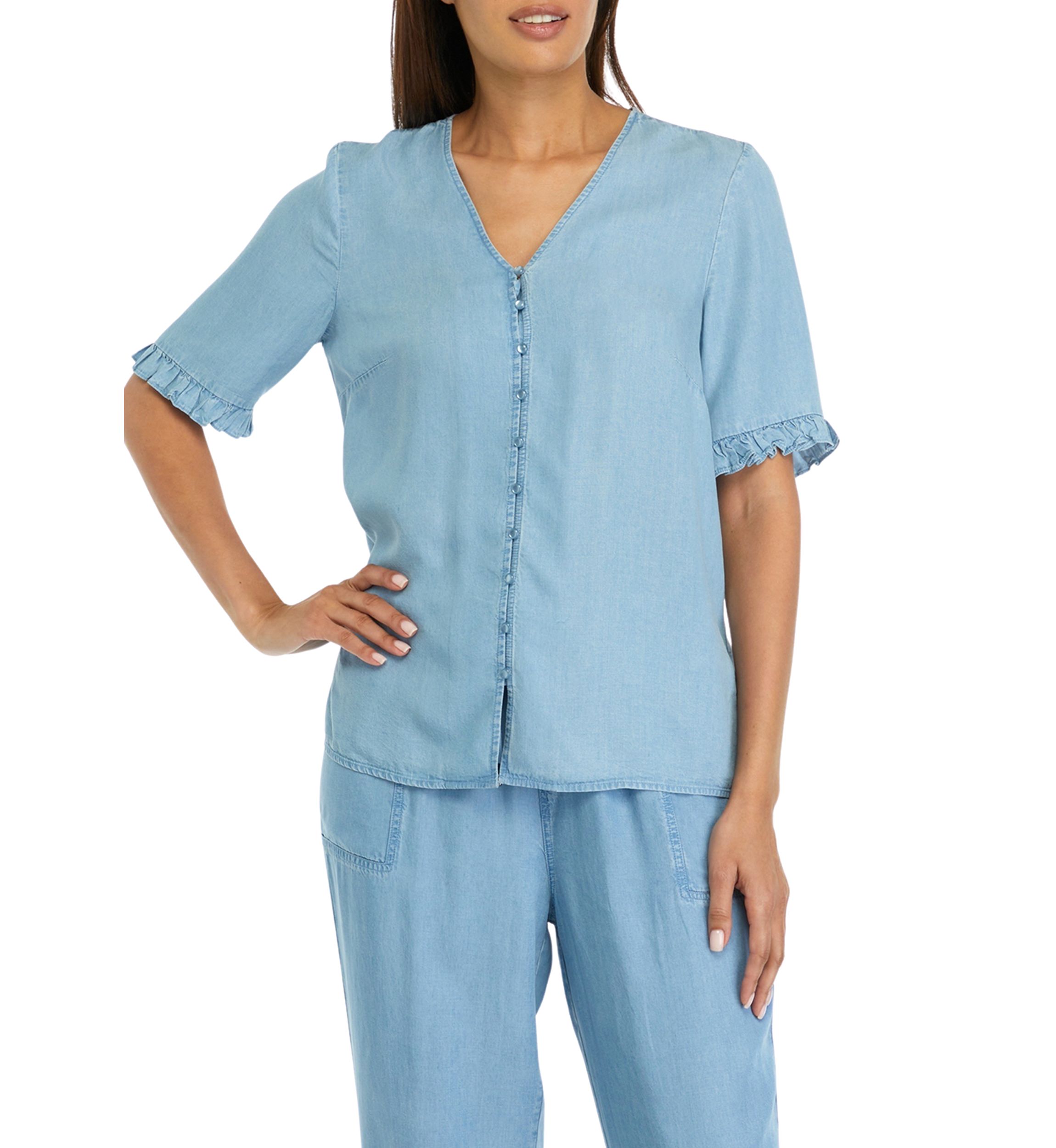 Womens Elbow Sleeve Light Wash V-Neck Blouse 