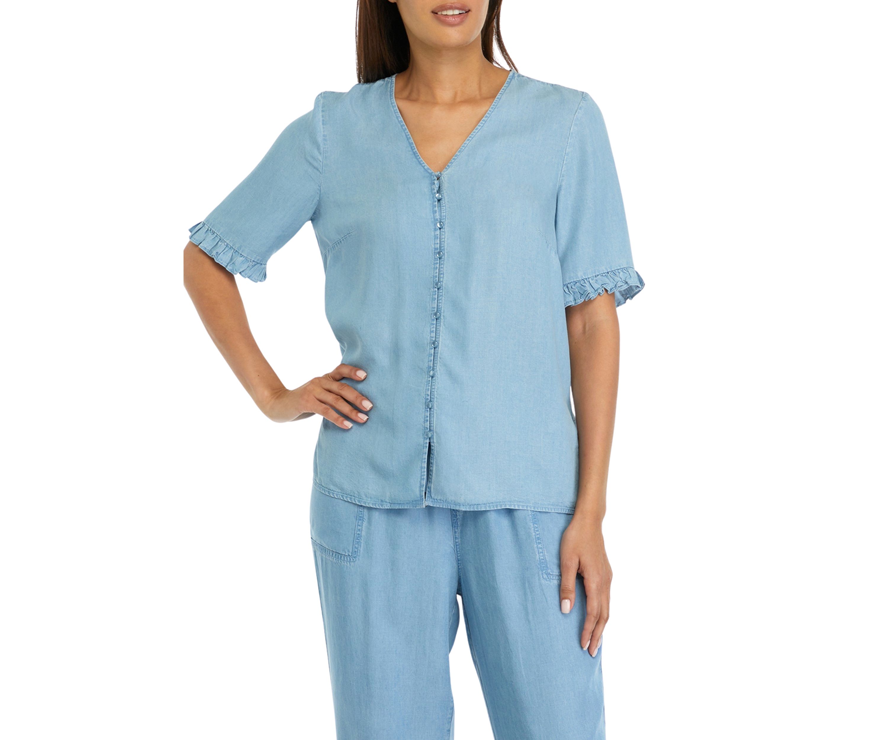 Womens Elbow Sleeve Light Wash V-Neck Blouse 