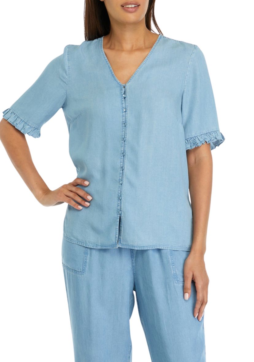 Womens Elbow Sleeve Light Wash V-Neck Blouse 
