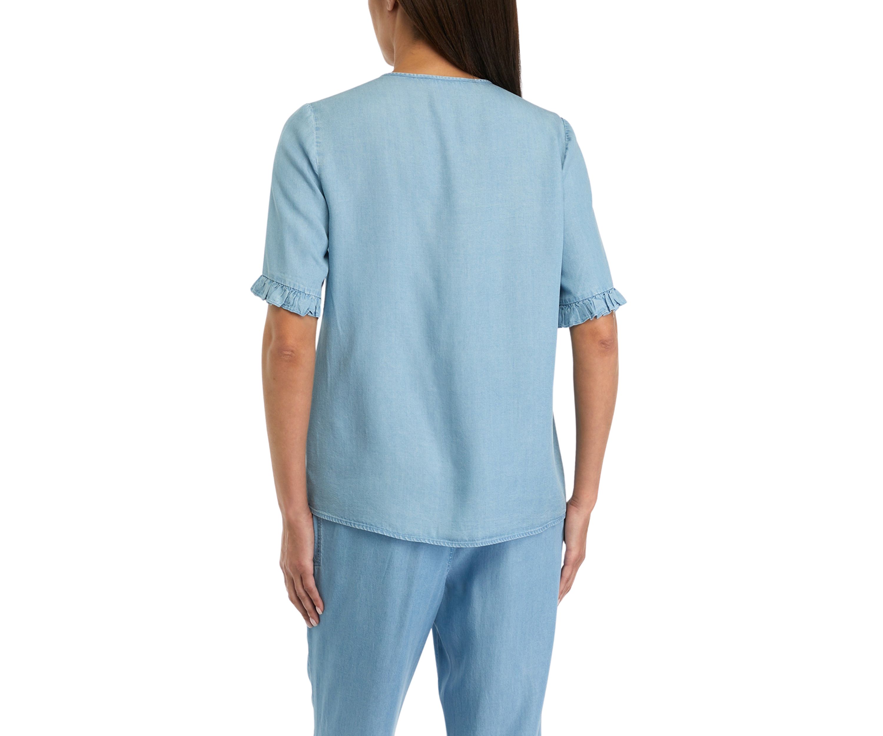 Womens Elbow Sleeve Light Wash V-Neck Blouse 