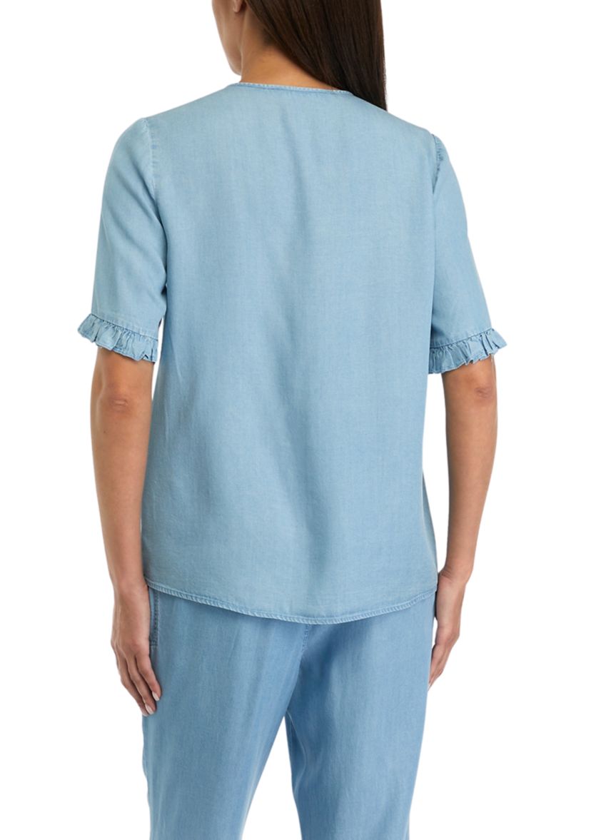 Womens Elbow Sleeve Light Wash V-Neck Blouse 