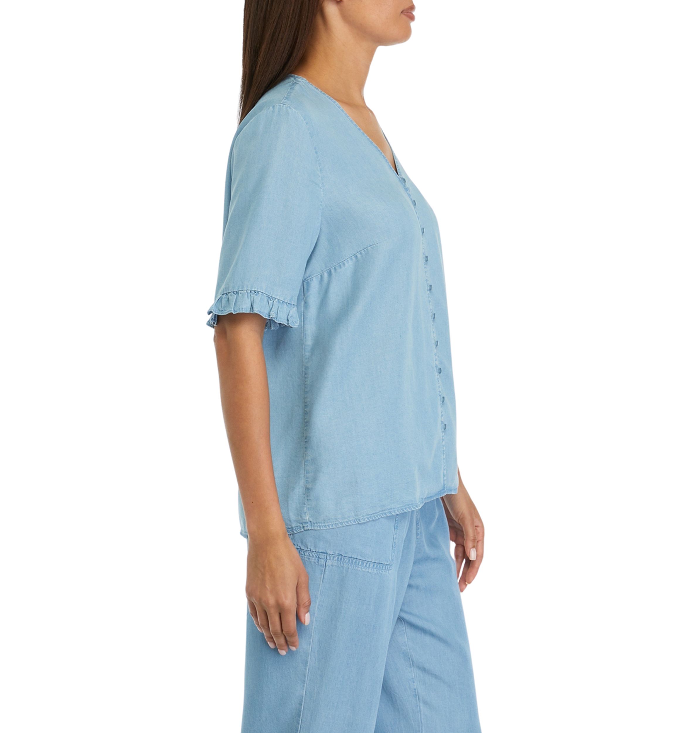 Womens Elbow Sleeve Light Wash V-Neck Blouse 