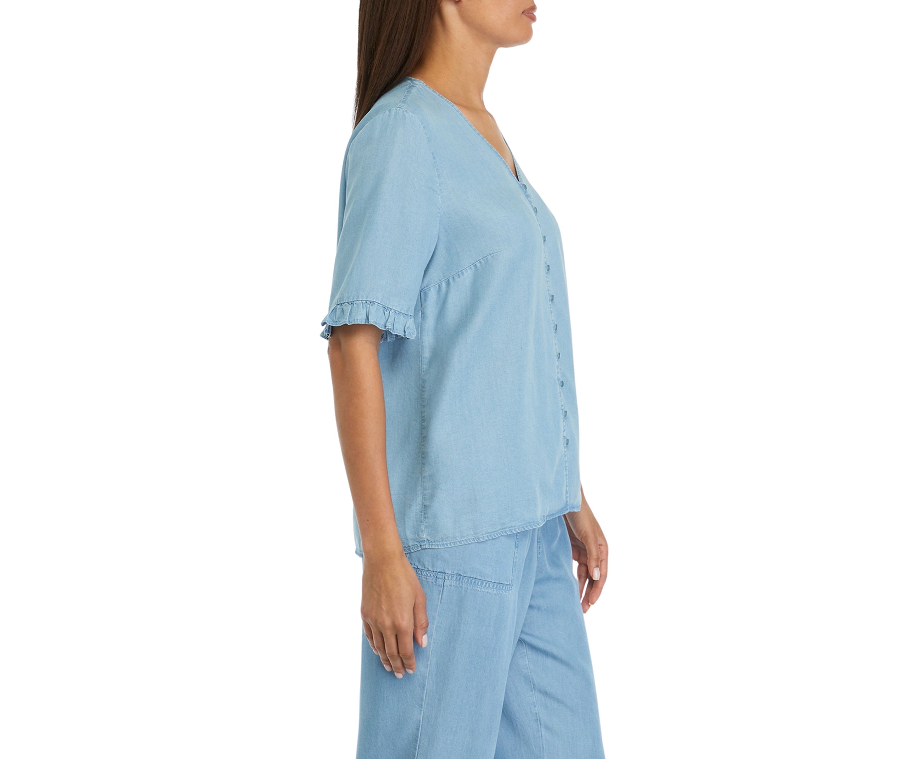 Womens Elbow Sleeve Light Wash V-Neck Blouse 