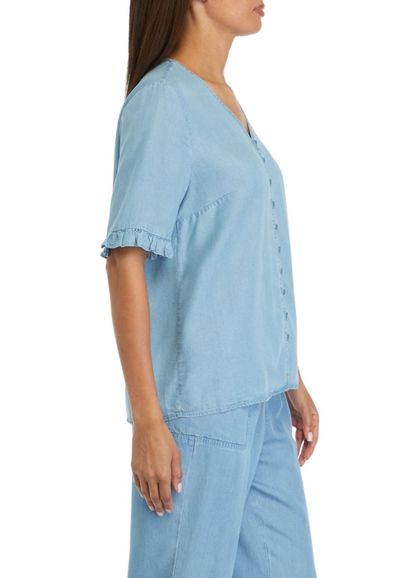 Womens Elbow Sleeve Light Wash V-Neck Blouse 