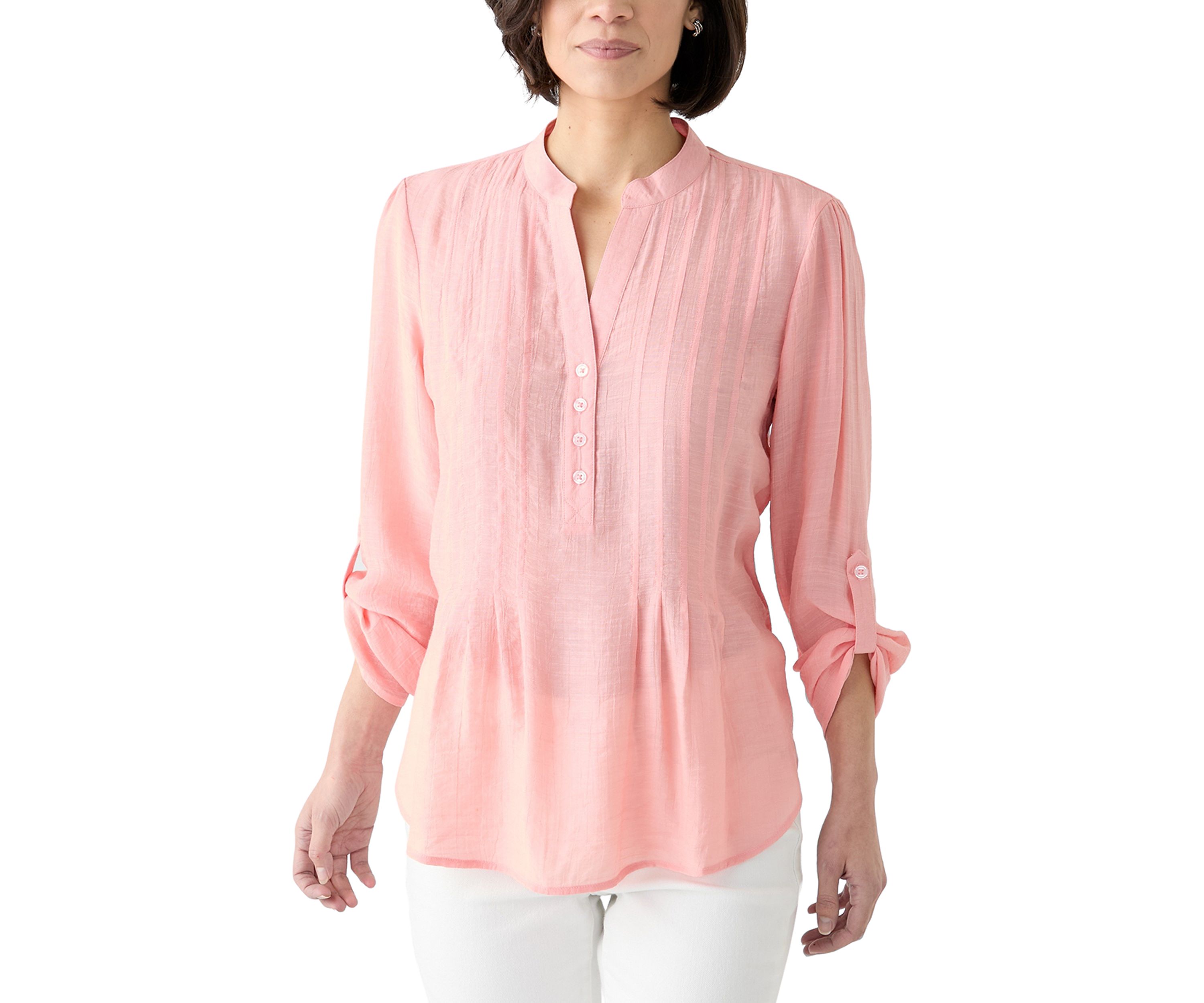 Petite Long Sleeve Pleated Henley Top