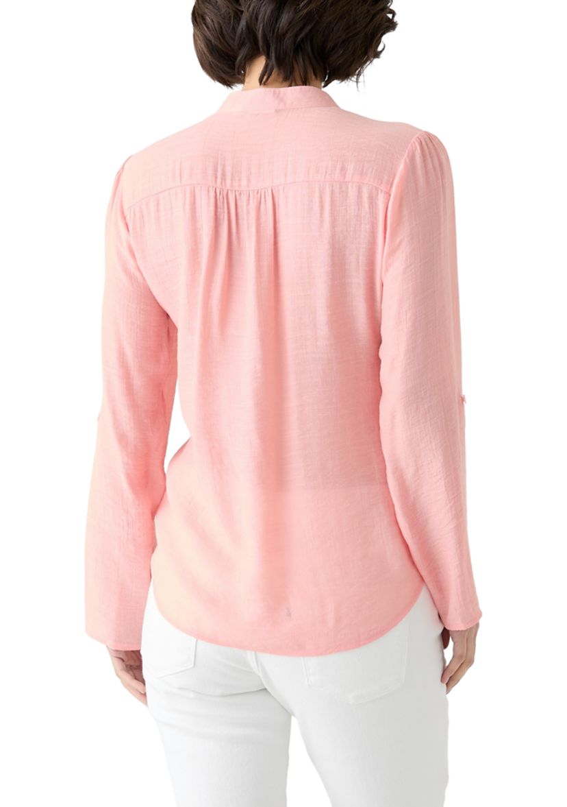 Petite Long Sleeve Pleated Henley Top
