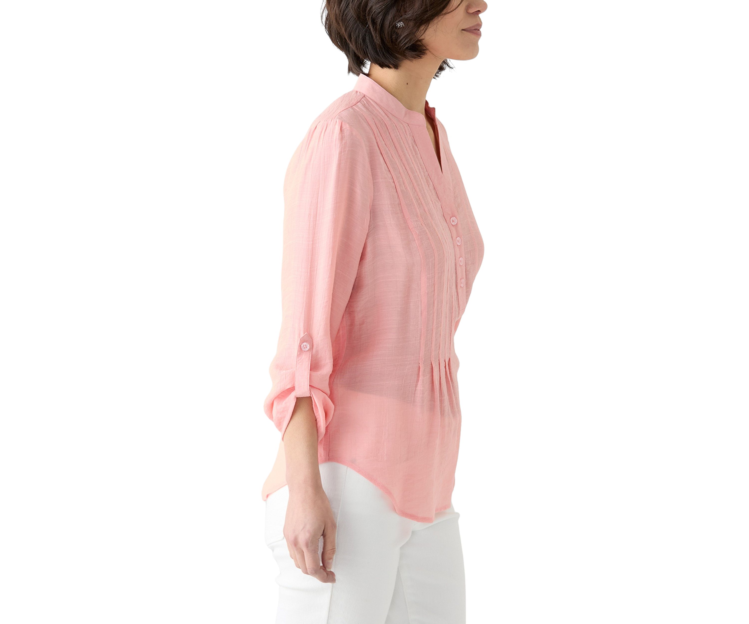 Petite Long Sleeve Pleated Henley Top
