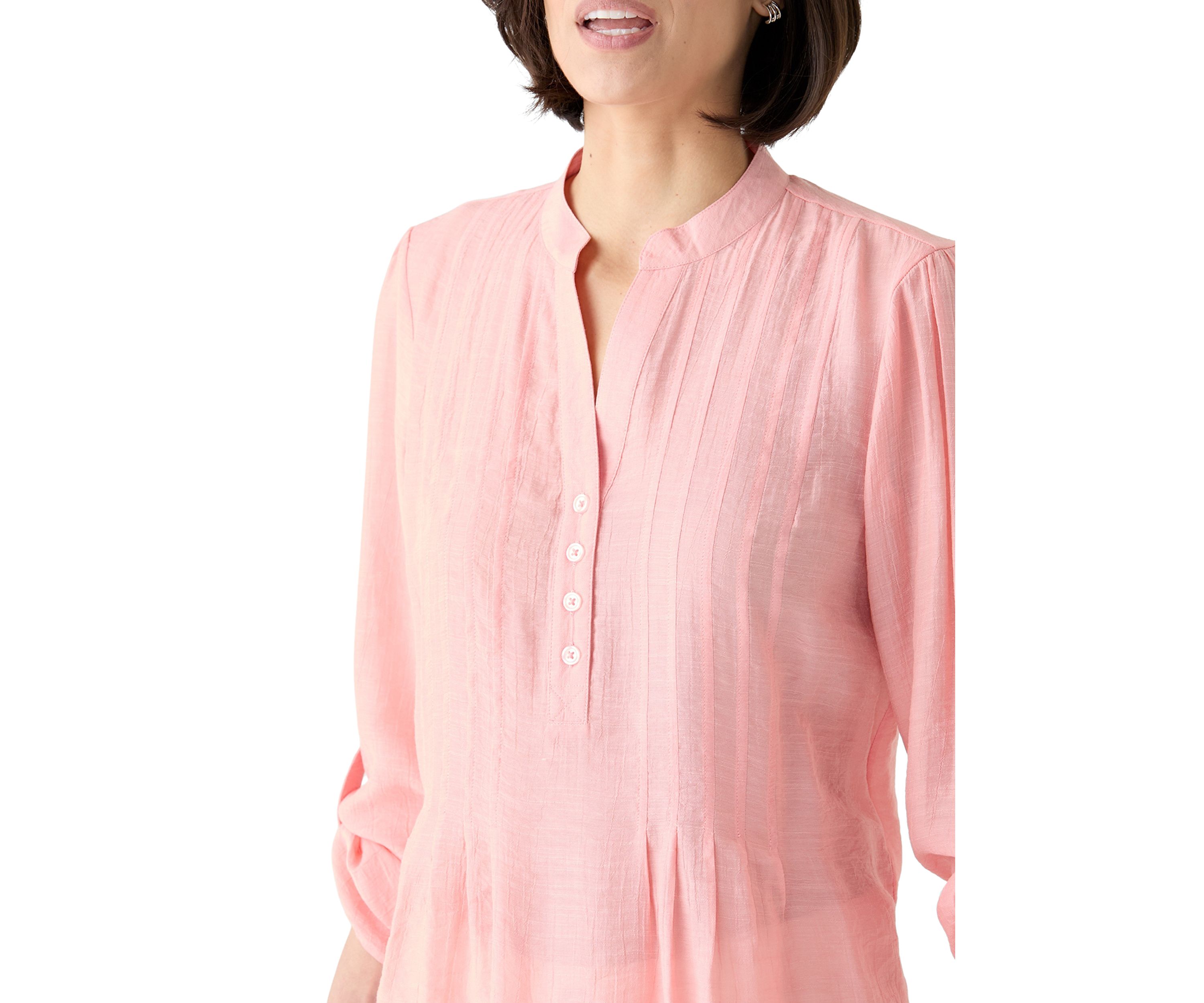 Petite Long Sleeve Pleated Henley Top