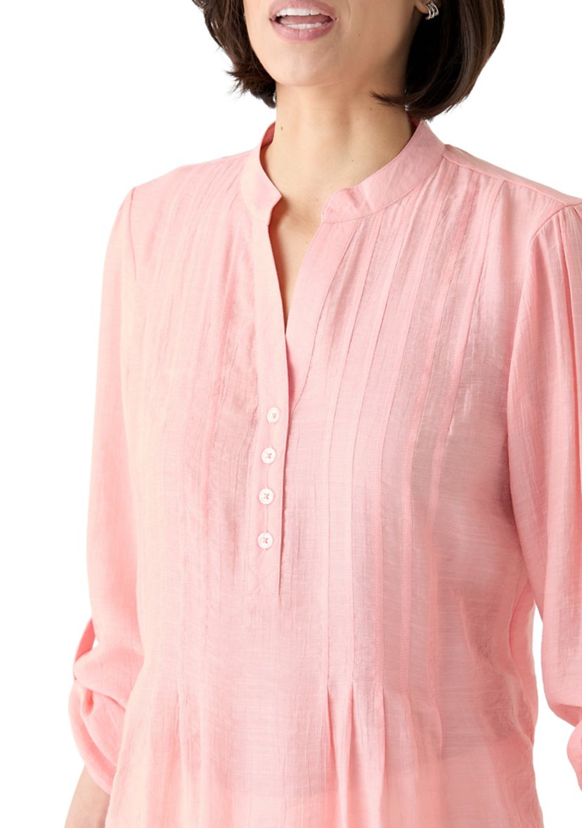 Petite Long Sleeve Pleated Henley Top