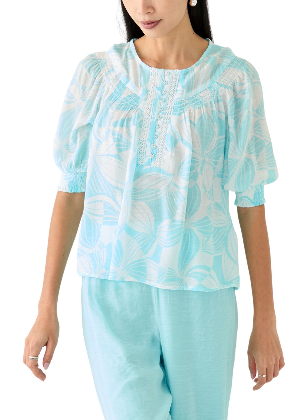 Petite Linen Like Smocked Sleeve Top