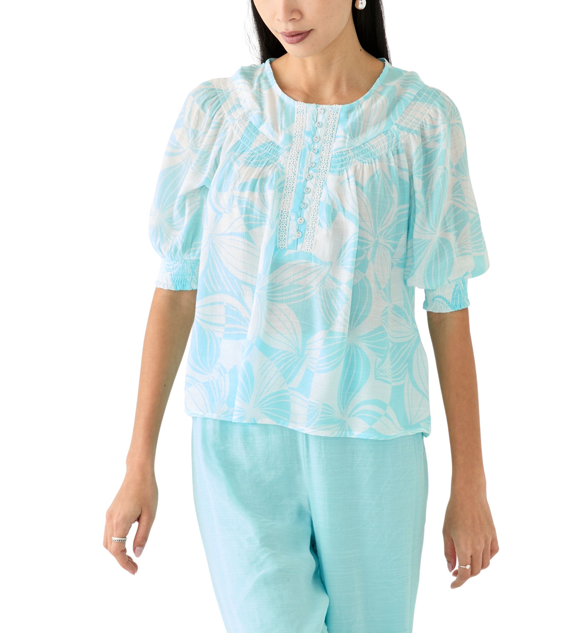 Petite Linen Like Smocked Sleeve Top