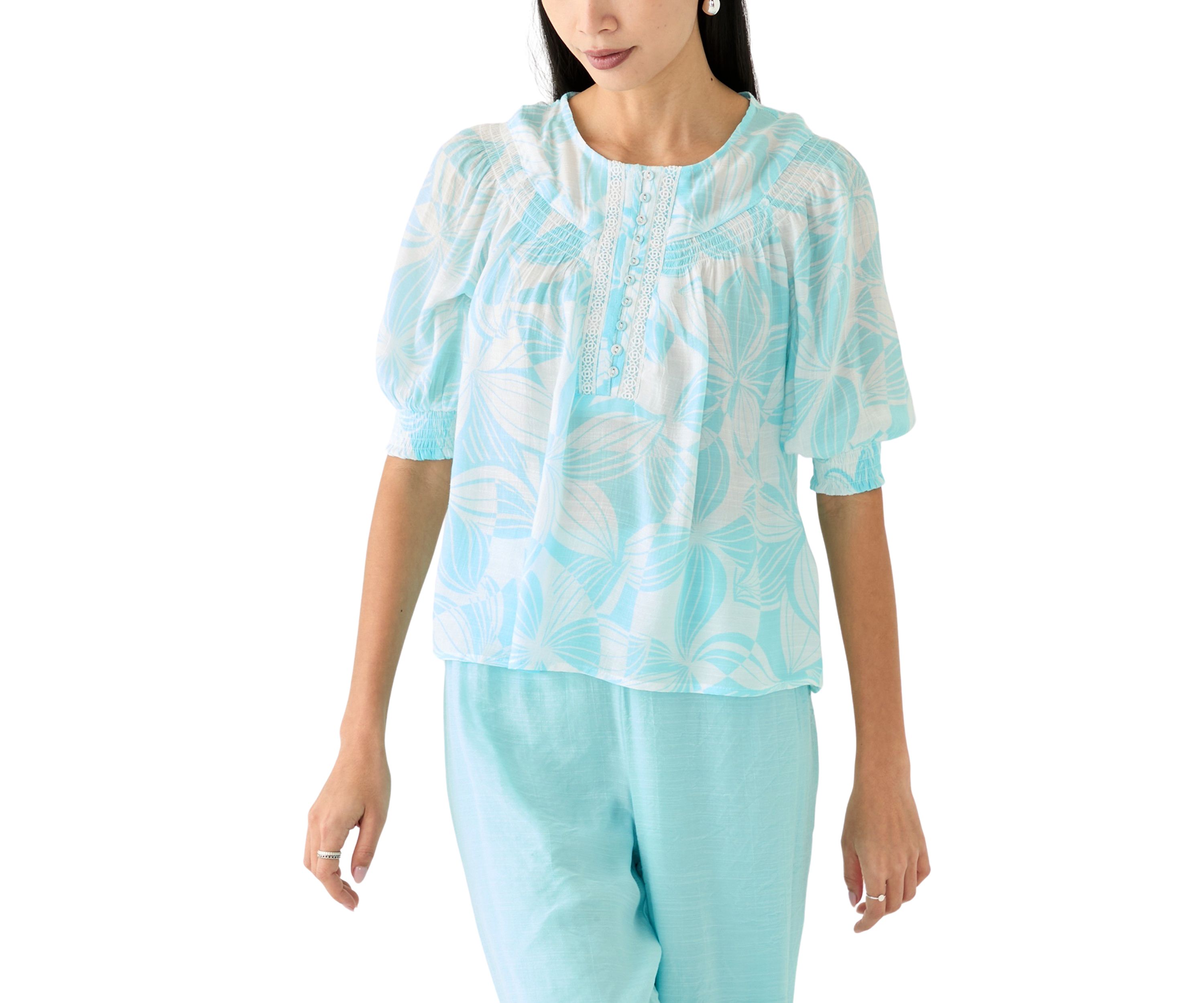 Petite Linen Like Smocked Sleeve Top