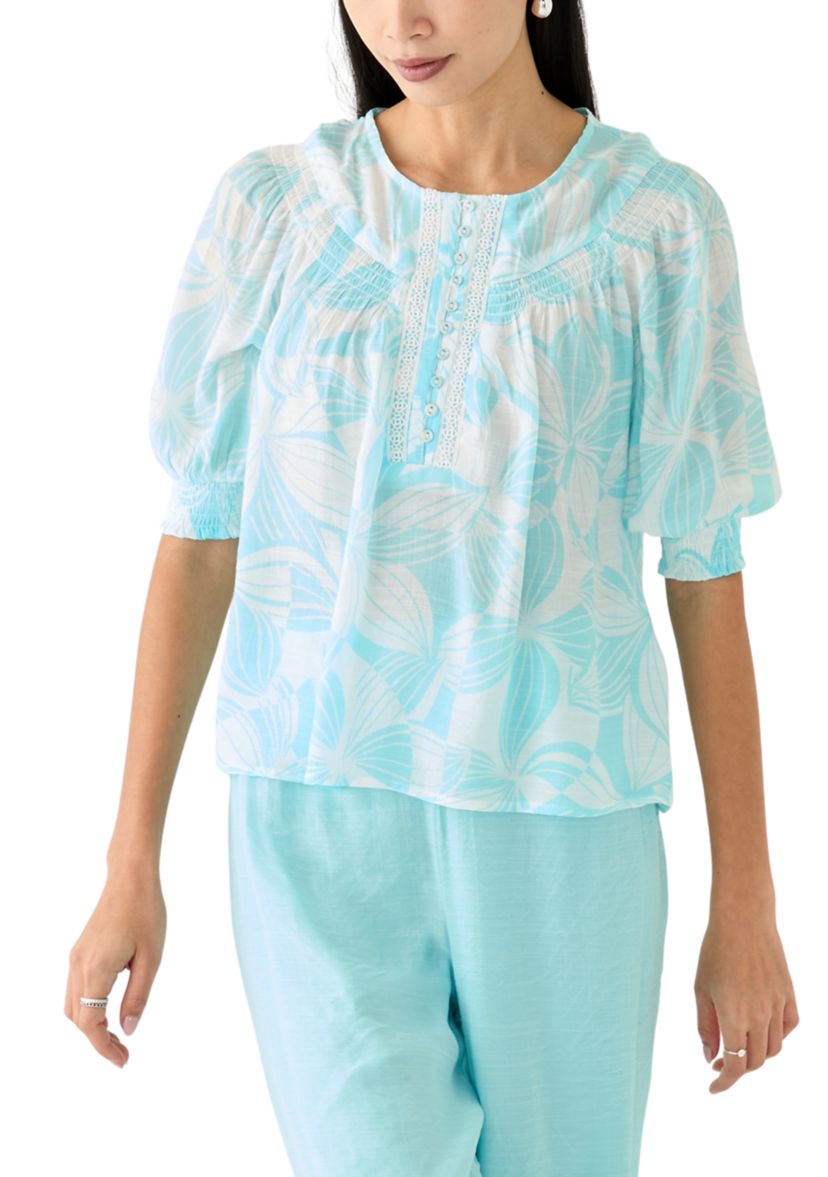 Petite Linen Like Smocked Sleeve Top