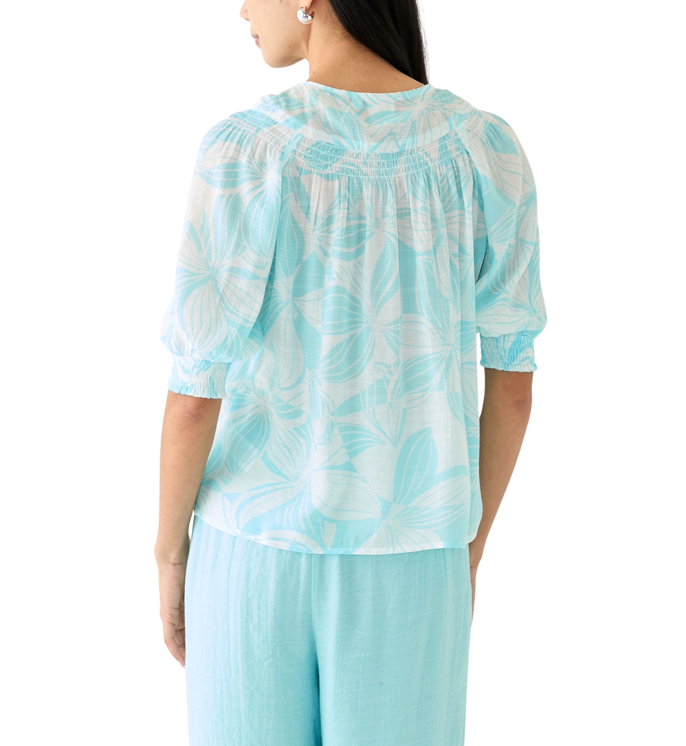 Petite Linen Like Smocked Sleeve Top