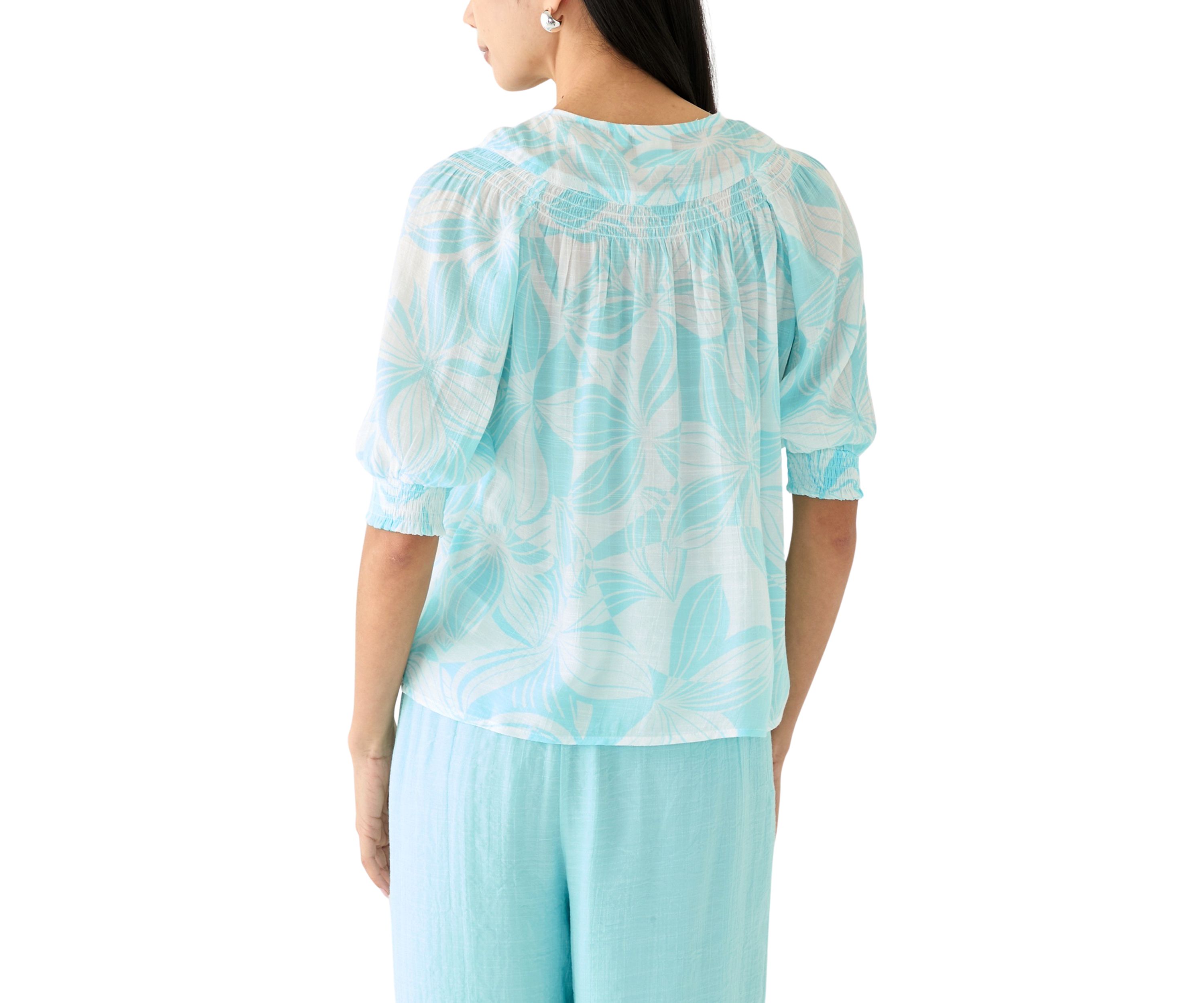 Petite Linen Like Smocked Sleeve Top