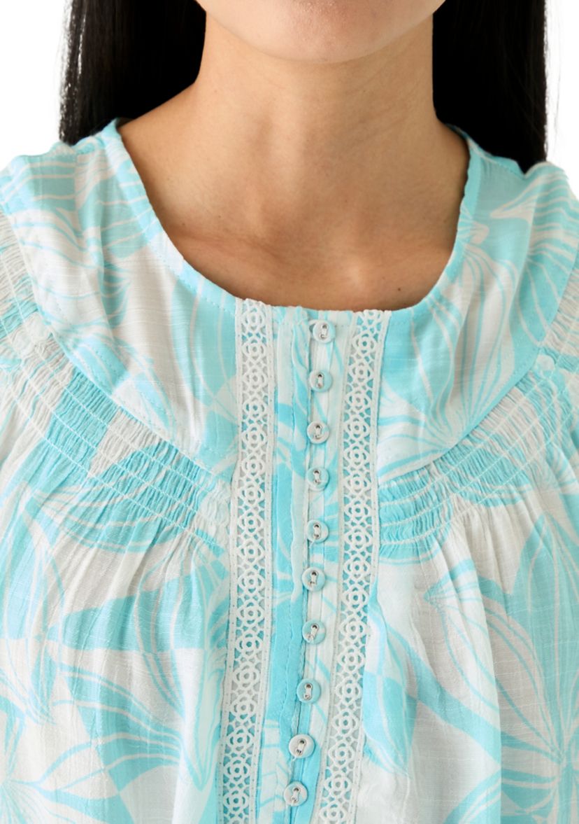 Petite Linen Like Smocked Sleeve Top