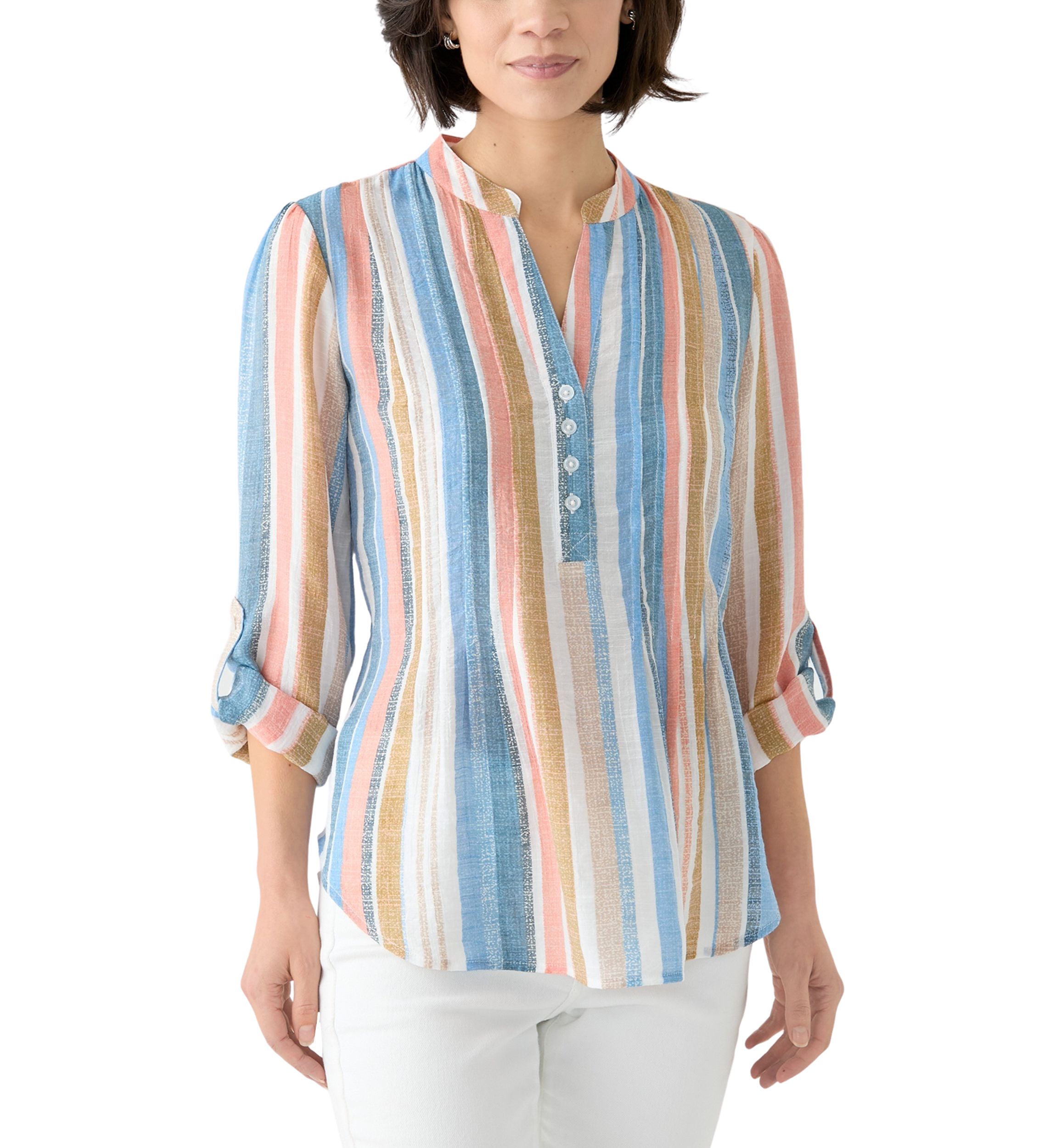 Petite Long Sleeve Pleated Henley Top