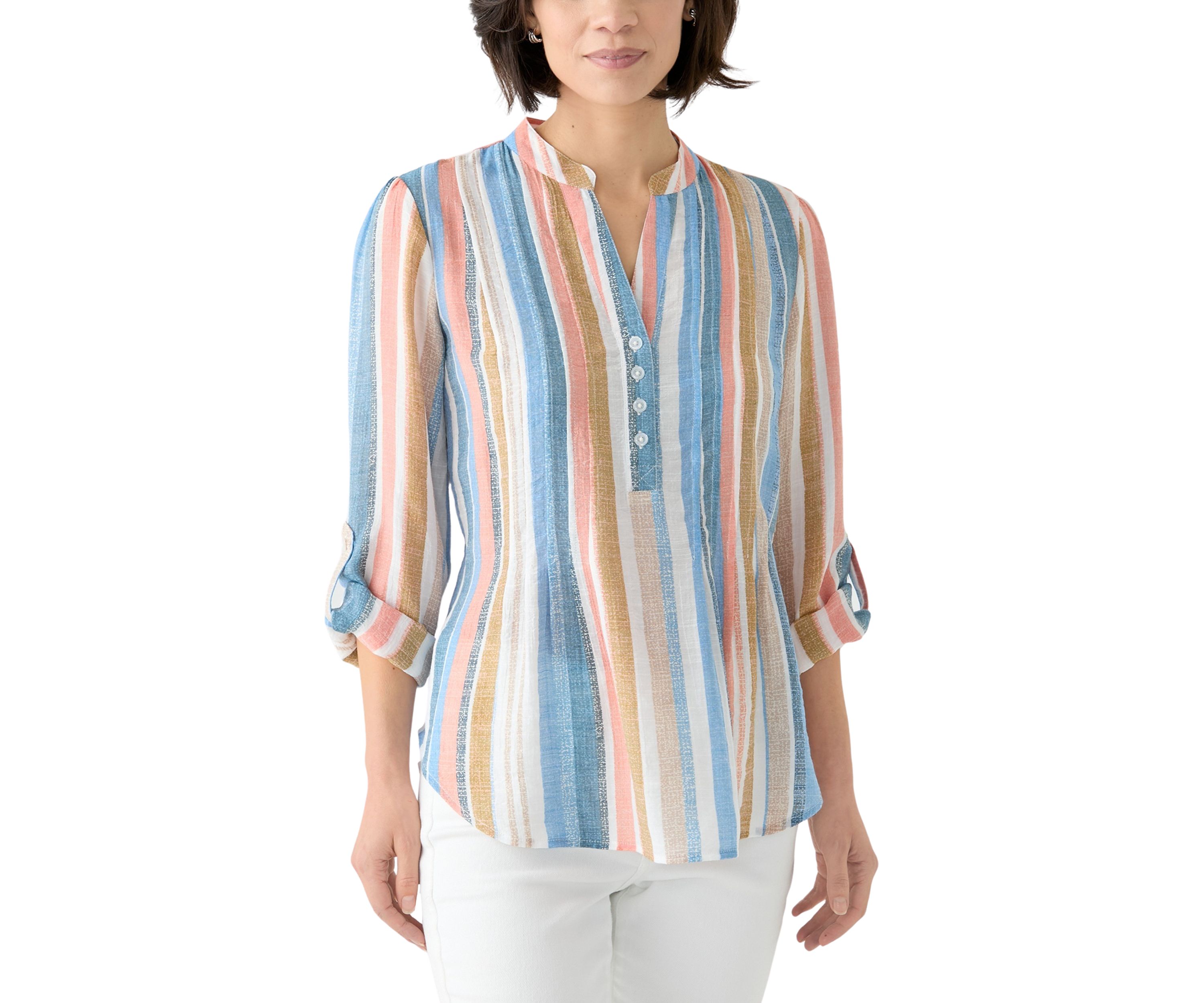 Petite Long Sleeve Pleated Henley Top