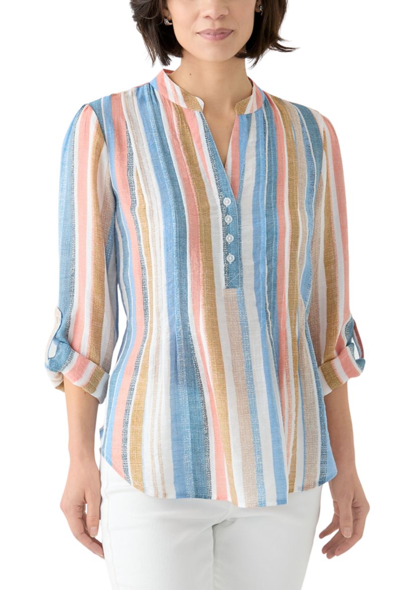 Petite Long Sleeve Pleated Henley Top