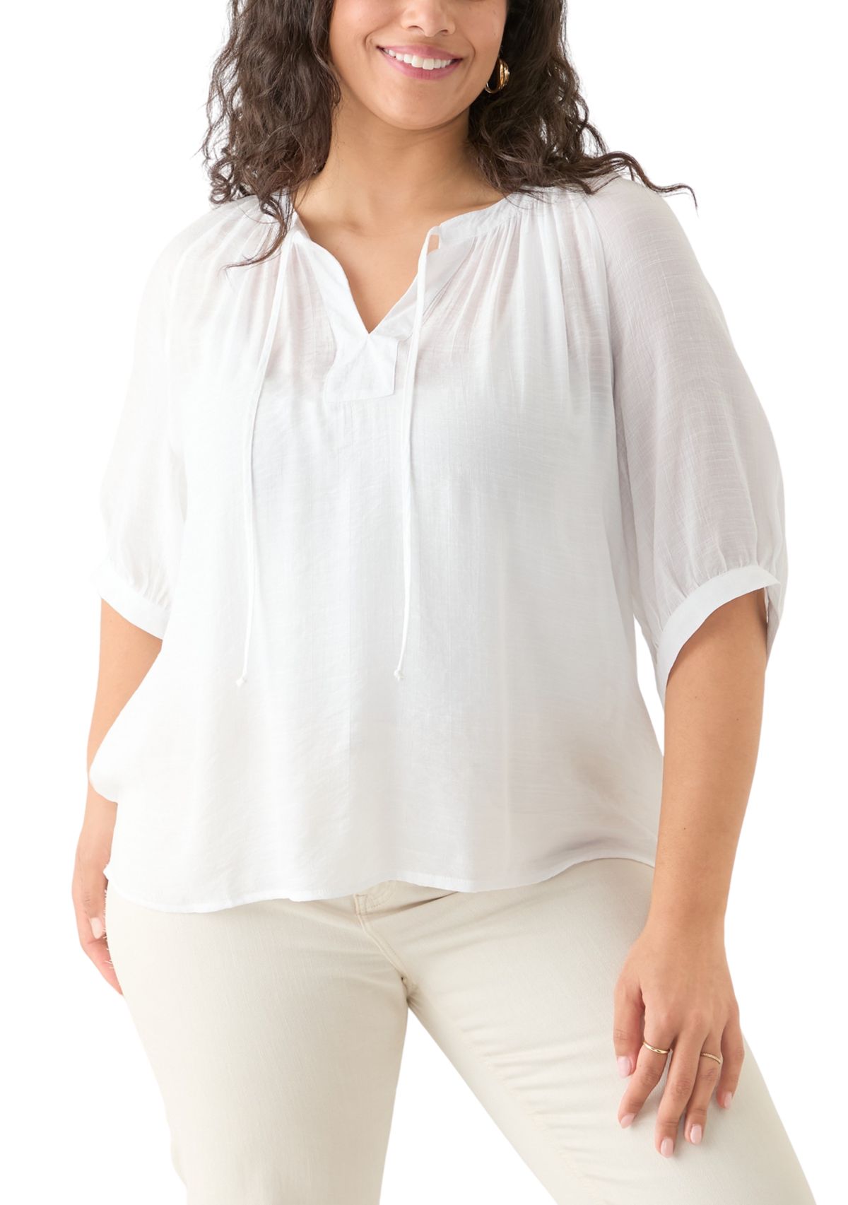 Plus Size Puff Sleeve Slub Peasant Top