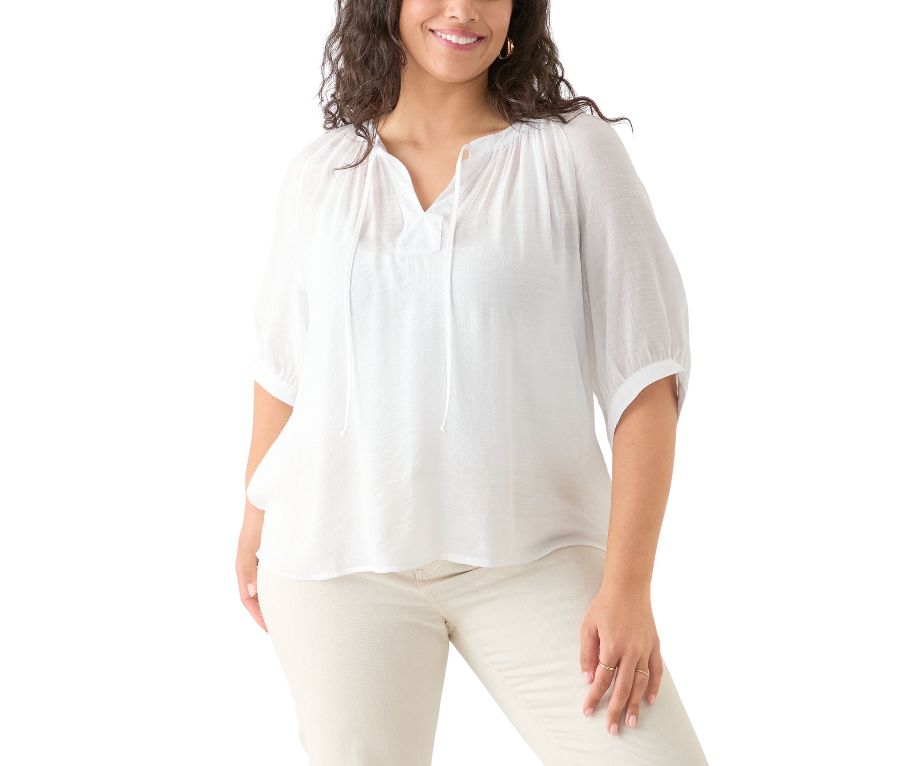Plus Size Puff Sleeve Slub Peasant Top