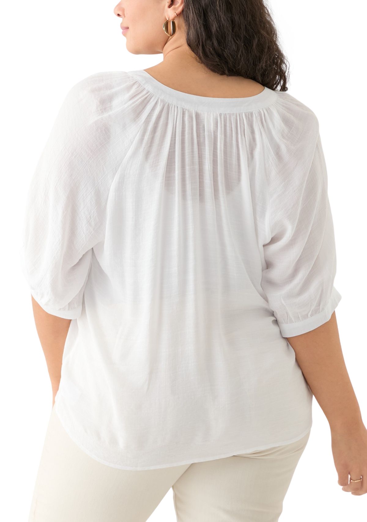 Plus Size Puff Sleeve Slub Peasant Top