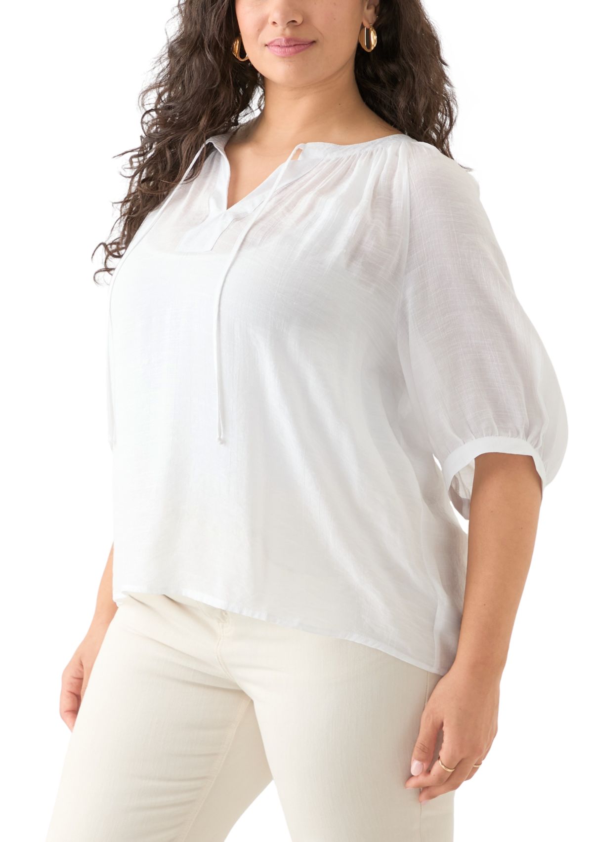 Plus Size Puff Sleeve Slub Peasant Top