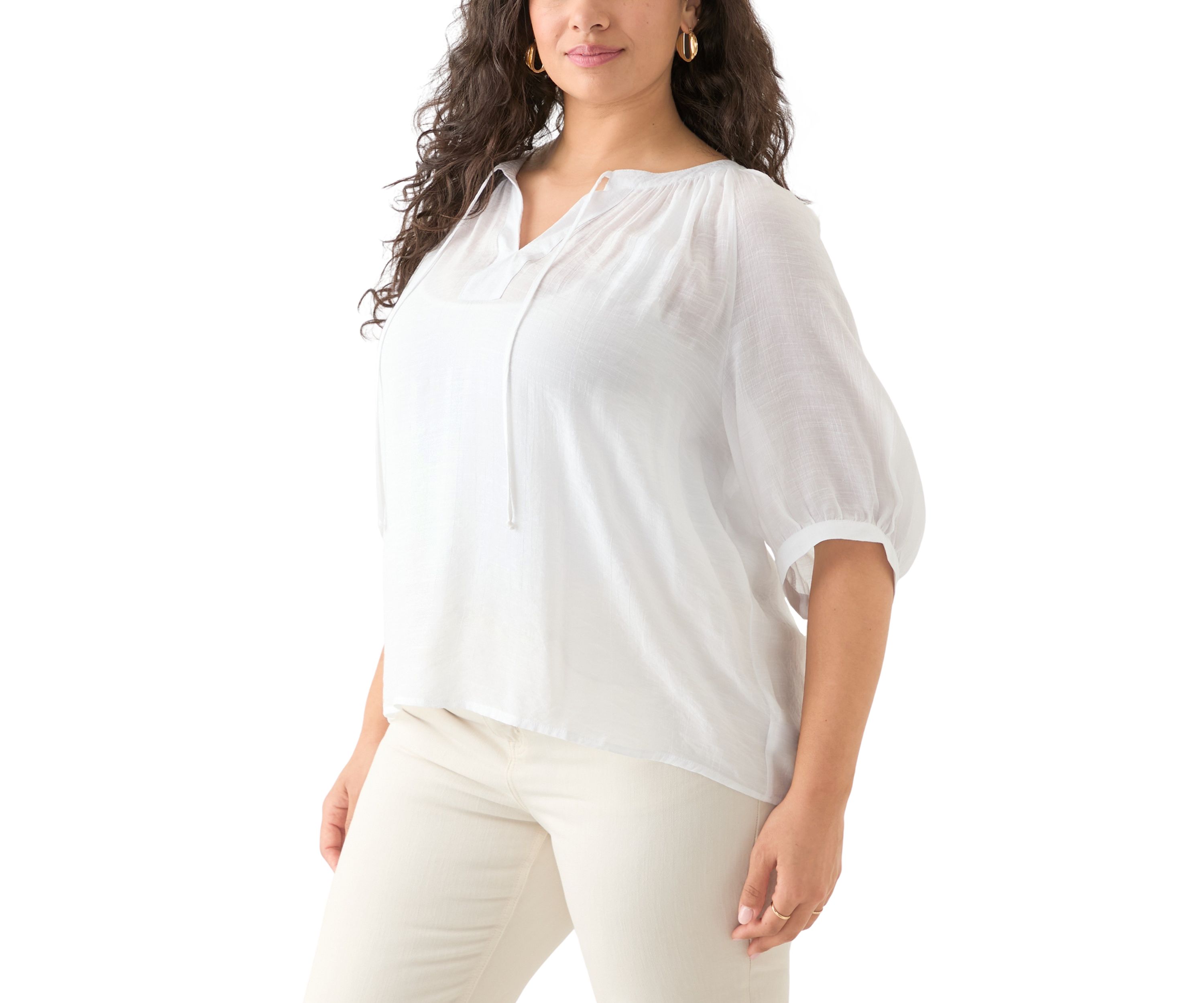 Plus Size Puff Sleeve Slub Peasant Top