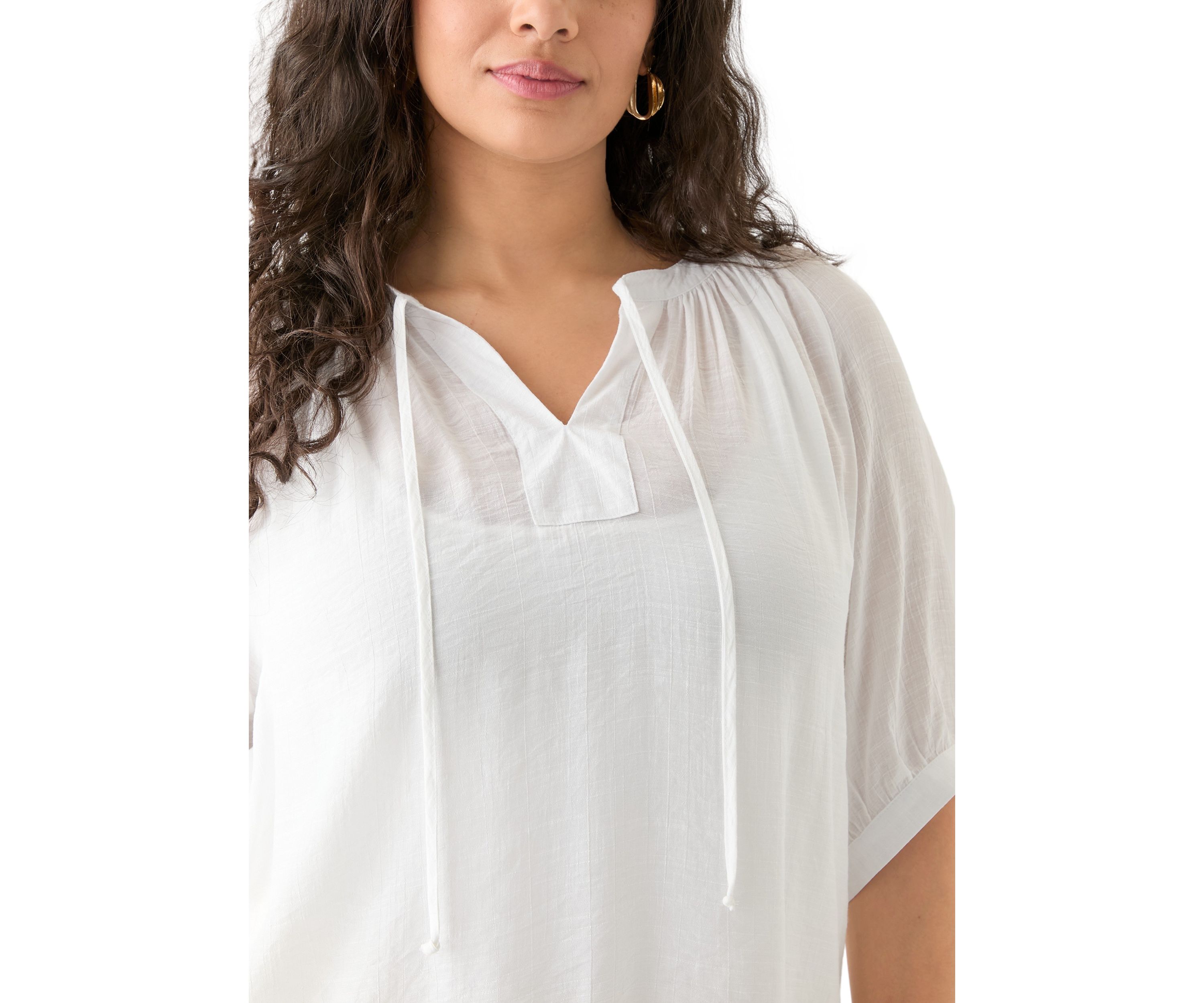 Plus Size Puff Sleeve Slub Peasant Top