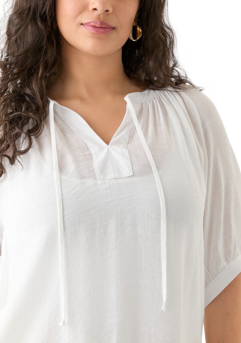 Plus Size Puff Sleeve Slub Peasant Top