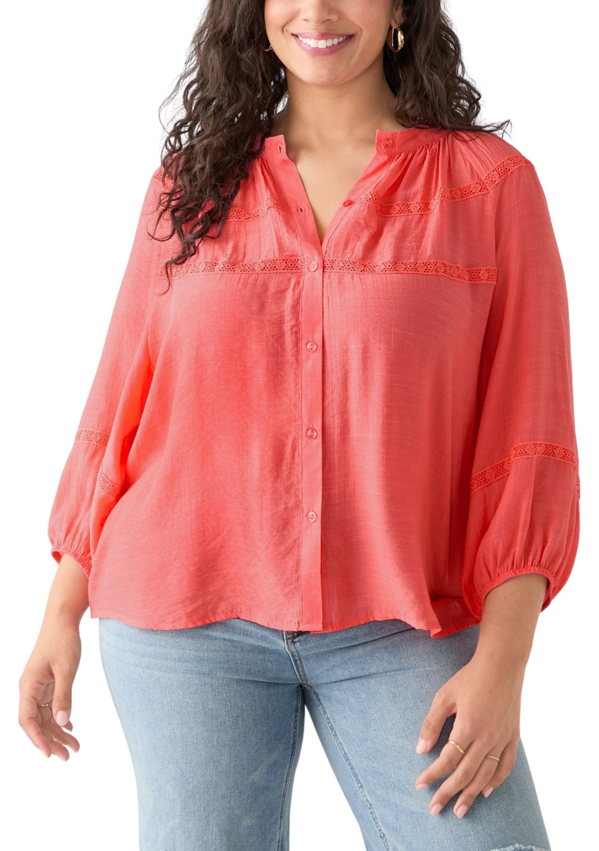 Plus Size 3/4 Sleeve Slub Blouse