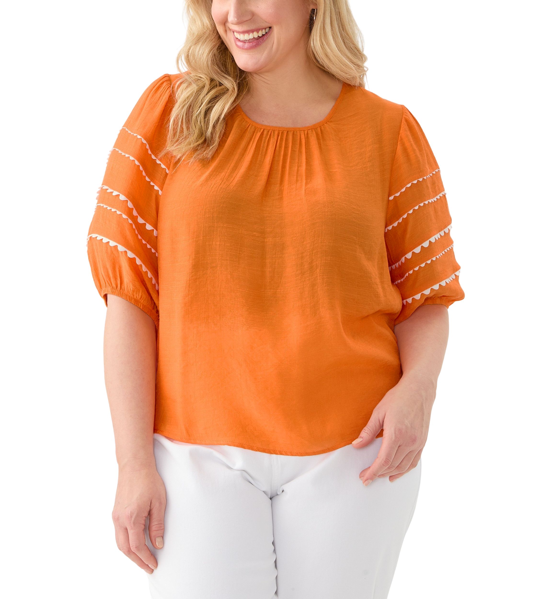 Plus Size Short Puff Sleeve Slub Woven Blouse