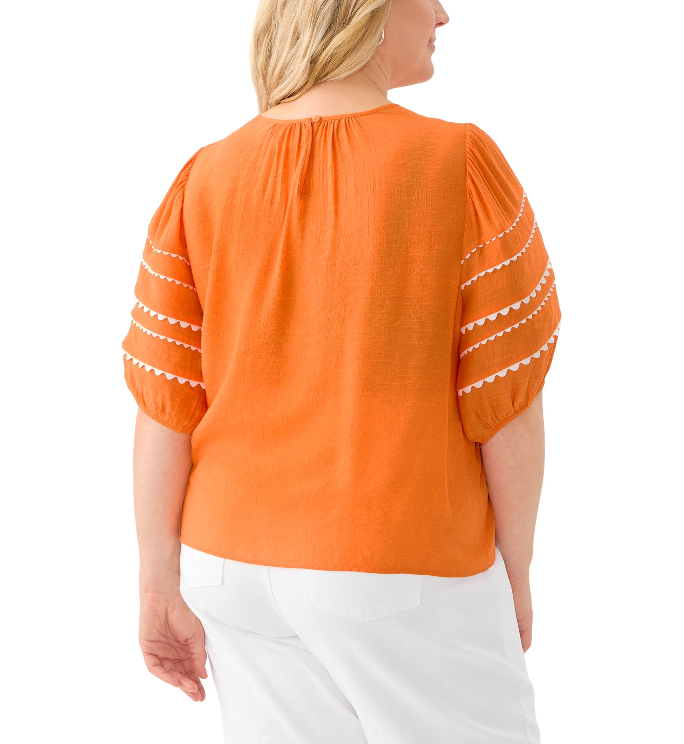 Plus Size Short Puff Sleeve Slub Woven Blouse