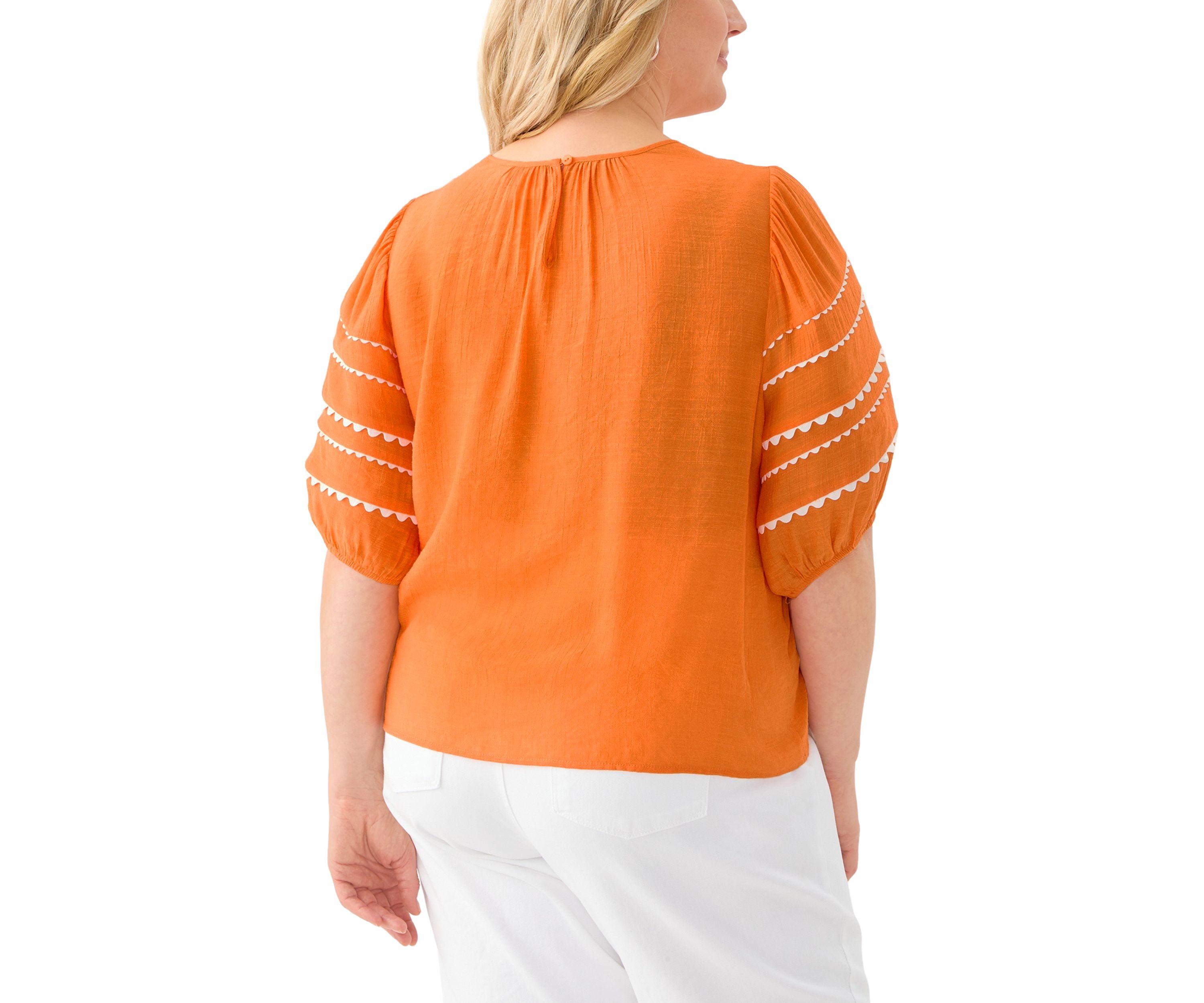 Plus Size Short Puff Sleeve Slub Woven Blouse