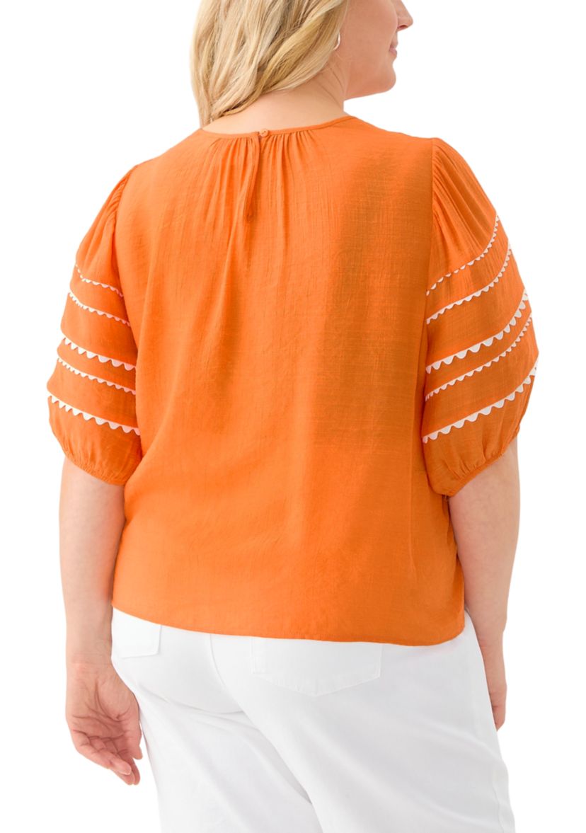 Plus Size Short Puff Sleeve Slub Woven Blouse