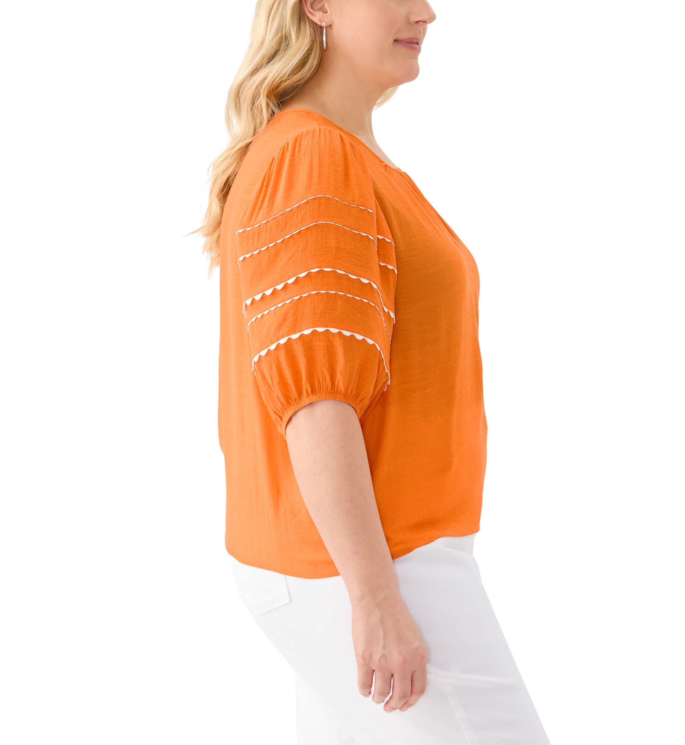 Plus Size Short Puff Sleeve Slub Woven Blouse