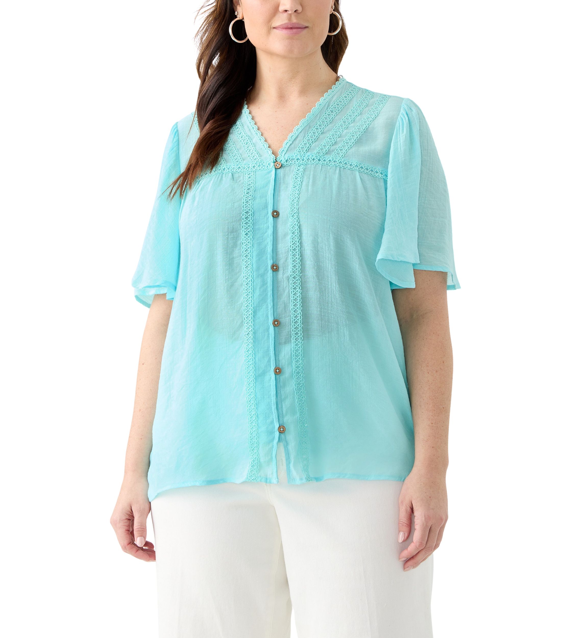 Plus Size Flutter Sleeve V-Neck Button Down Slub Woven Blouse
