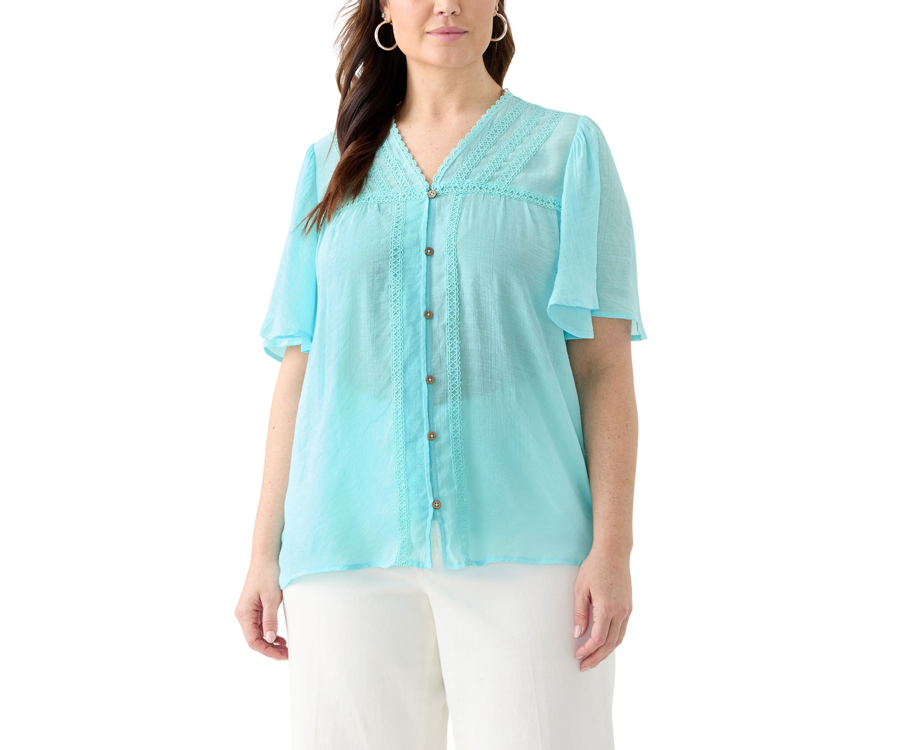 Plus Size Flutter Sleeve V-Neck Button Down Slub Woven Blouse