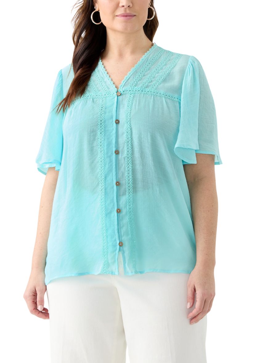 Plus Size Flutter Sleeve V-Neck Button Down Slub Woven Blouse